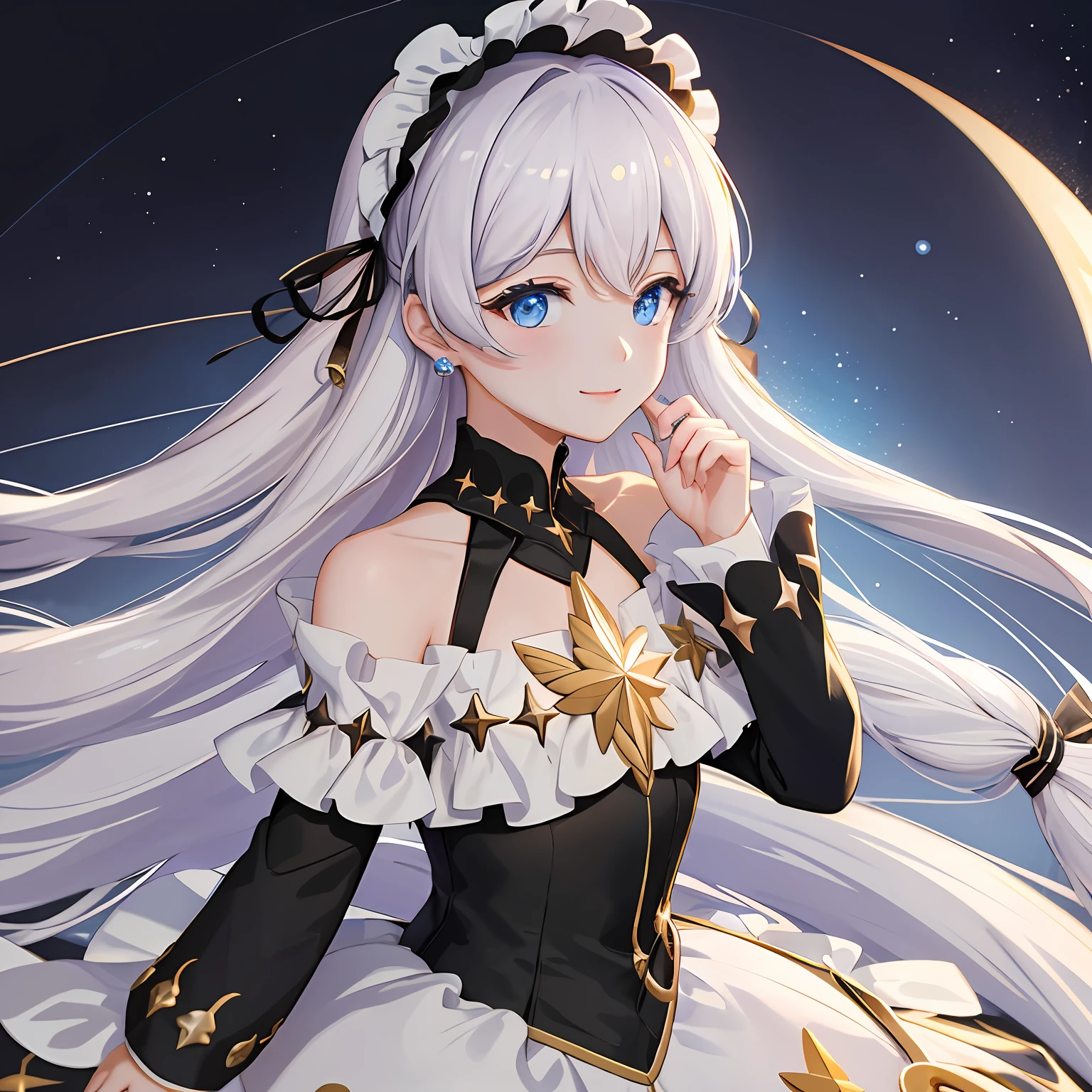 (Masterpiece:1.2), (Best quality:1.3), empyrean_psalms, 1girll, Smile, black_dress, Bare_bshoulders,  Long_Sleeves, frilld, Star_(symbol), Lolita_Fashion, frilld_dress, cropped shoulders_dress,