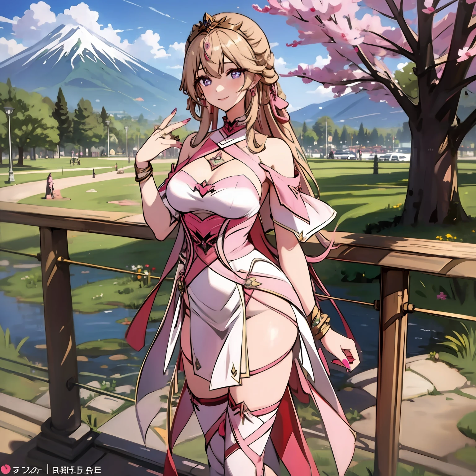 Female, standing at the park, with dress, With a mountain view, beautiful face, perfect face, pink nails, smile, beautiful eyes, masterpiece, best quality