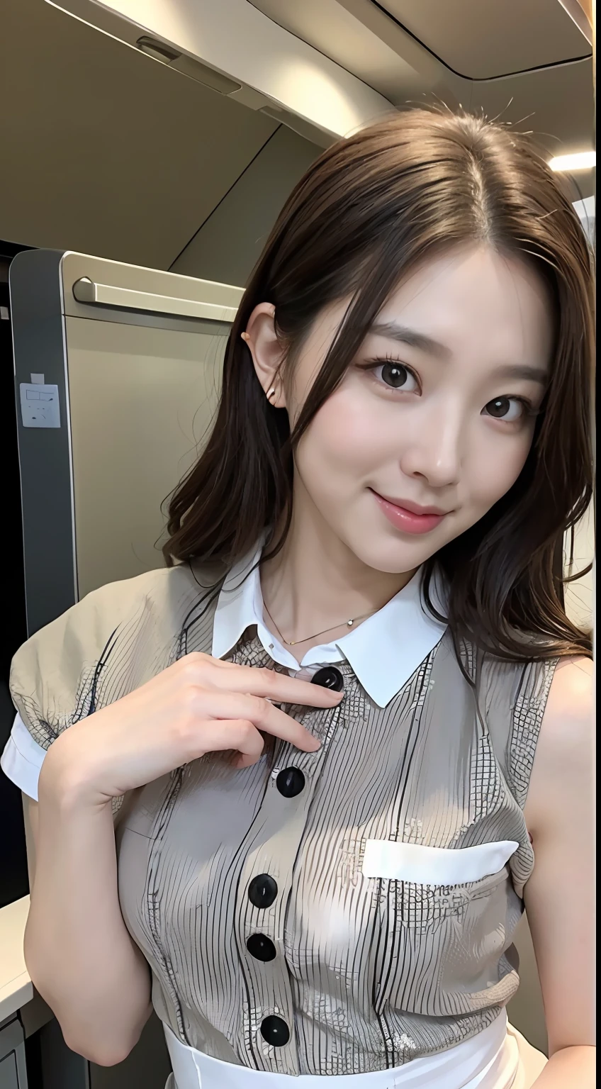((top-quality、8K、masterpiece:1.3))、Pretty women、20 years girl、K-pop Idol Face、Colossal tits:1、slender figures:1、dark brown hair、(white walls)、(Cabin Attendant Uniform)、hyperdetailed face、Detailed lips、A detailed eye、二重まぶた、sexy pose、A smile、Sexy Shots、Raw photo、a baby face、kawaii faces、Cute