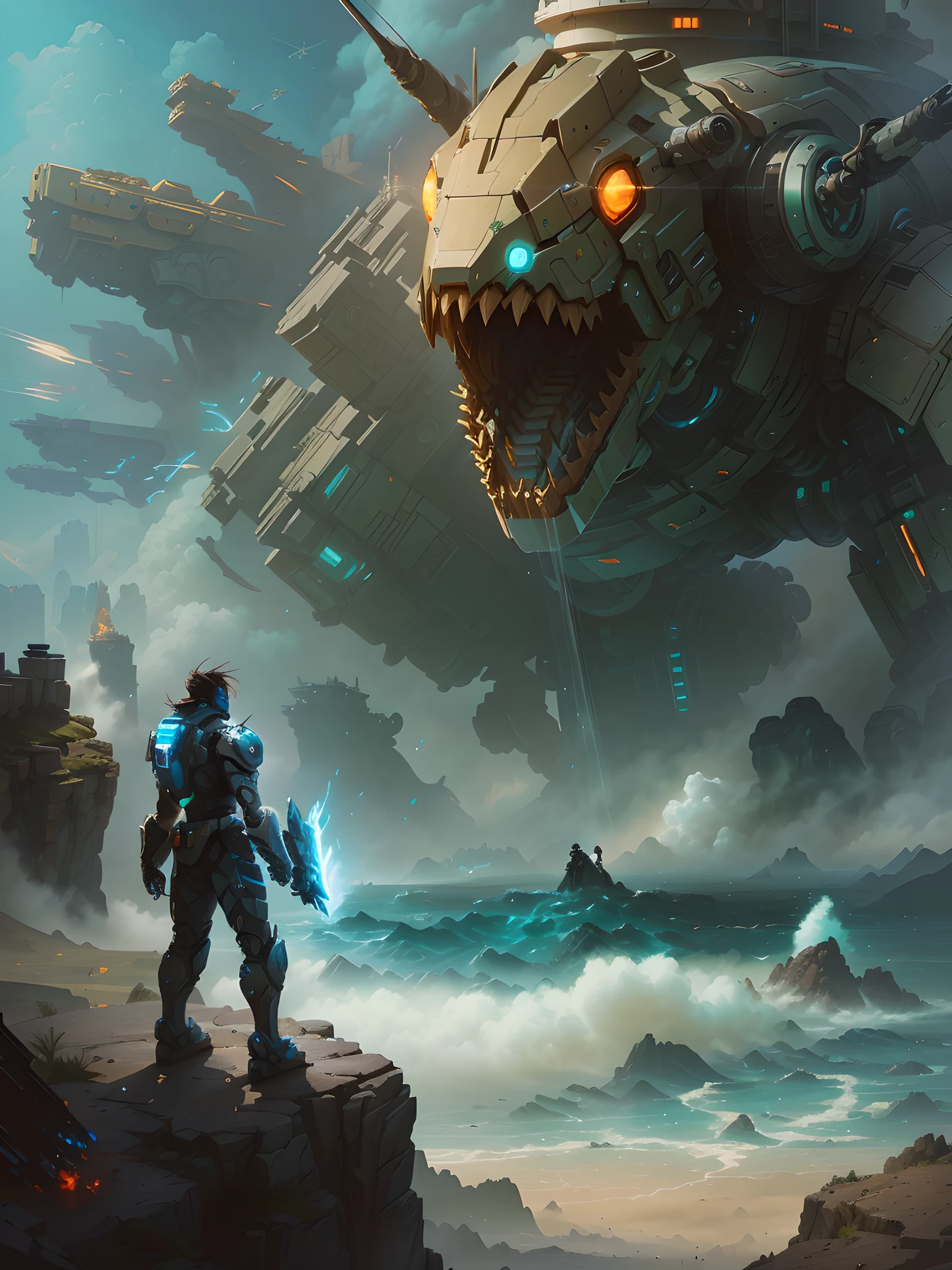 There was a man standing on a rock looking at a giant robot, detailed game art illustration, game key art, epic video game art, ultra detailed game art, epic fantasy sci fi illustration, High quality digital concept art, key art, detailed sci-fi art, zoids art, Detailed game art, android jones and rhads, Concept art wallpaper 4K