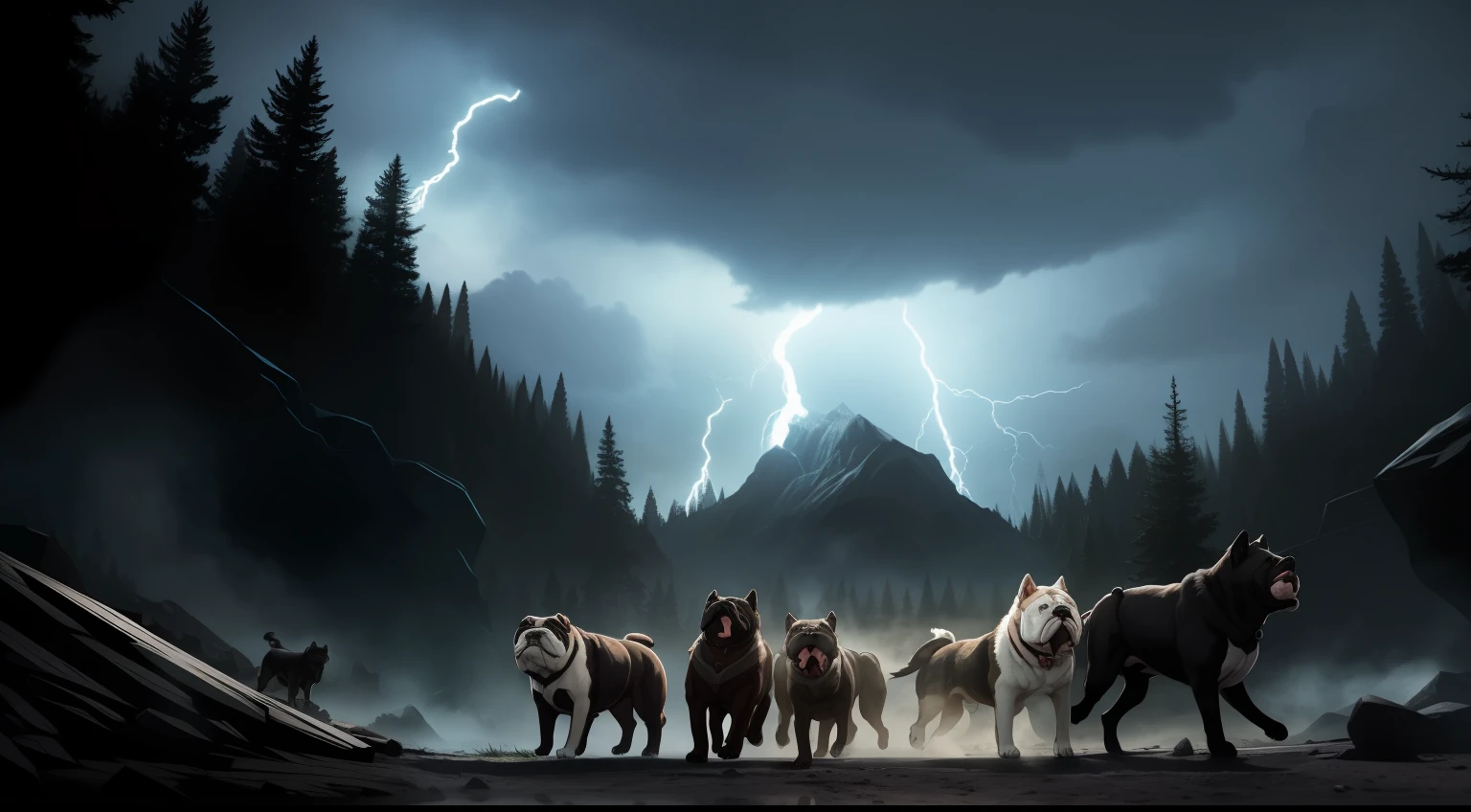 bulldog, wolf, and ravens, all together, coming out of a cave, dark forest, lightning in background, high quality,
