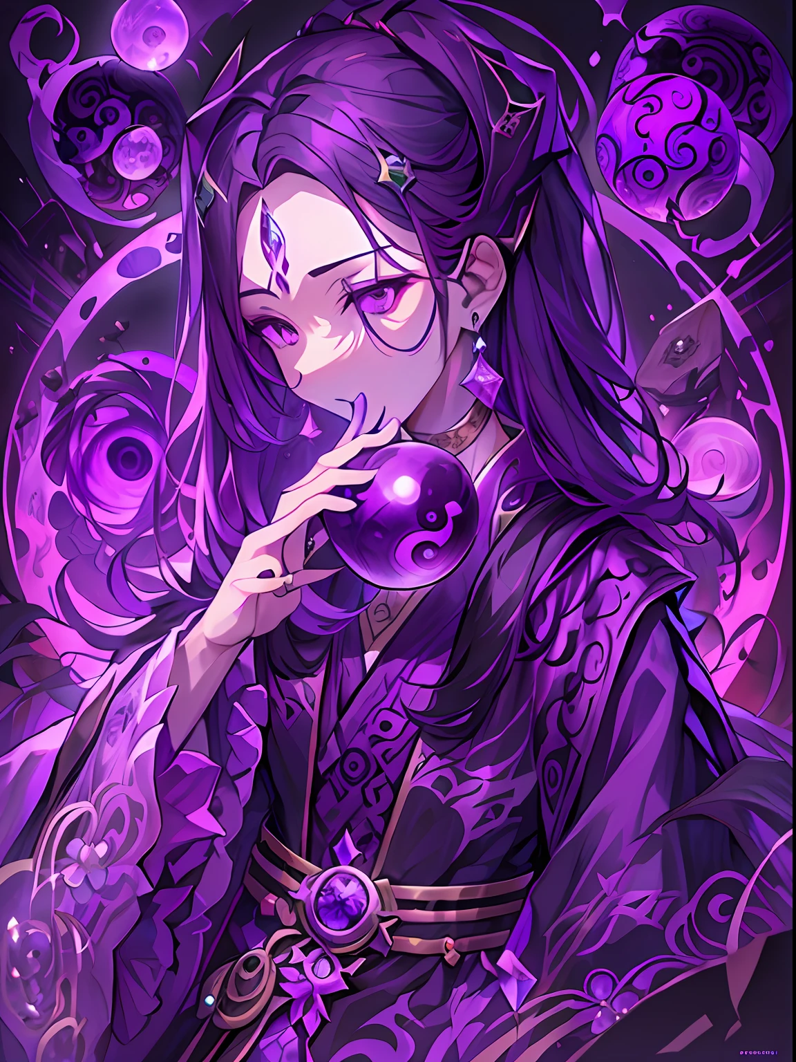 Taboo knowledge，The purple robe is printed with yin and yang gossip，Purple eye，mistic，Mysterious pattern，crystal sphere，magia，Purple colored hair，a beauty girl