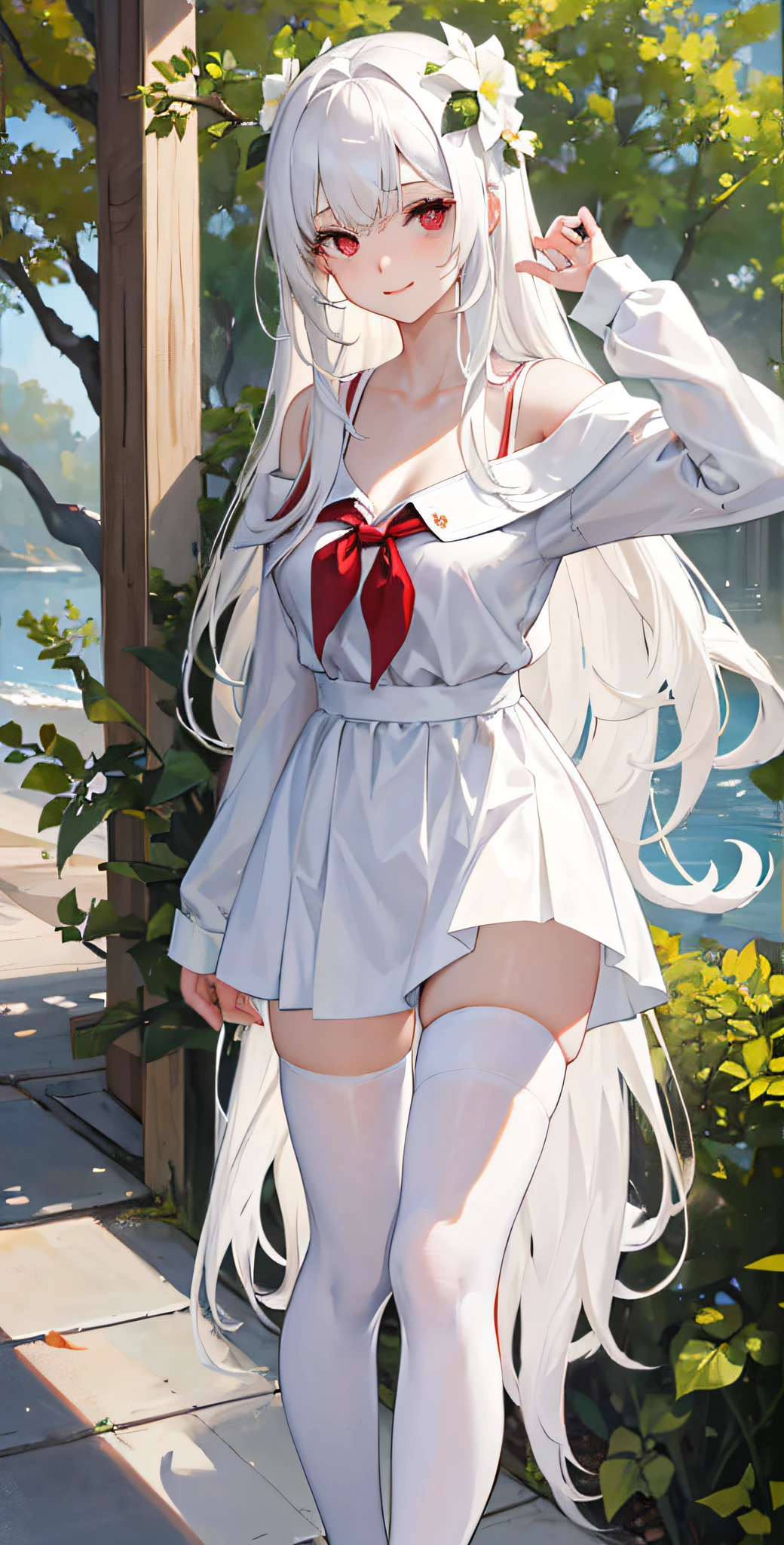 masterpiece,1girl,solo,((in_tree)),white_hair,long_hair,white_dress,collarbone,mole_under_eyes,light_smile,school_uniform,white_legwear,medium_breasts,off_shoulder,falling_leaf.flower,hair_ornament,red eyes