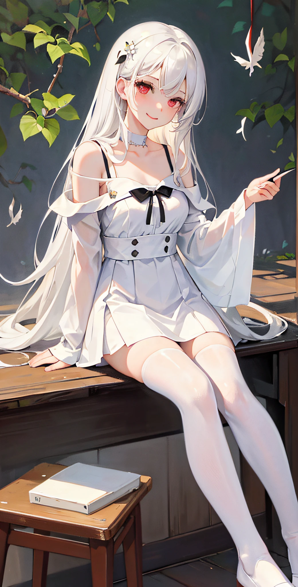 masterpiece,1girl,solo,((in_tree)),white_hair,long_hair,white_dress,collarbone,mole_under_eyes,light_smile,school_uniform,white_legwear,medium_breasts,off_shoulder,falling_leaf.flower,hair_ornament,red eyes