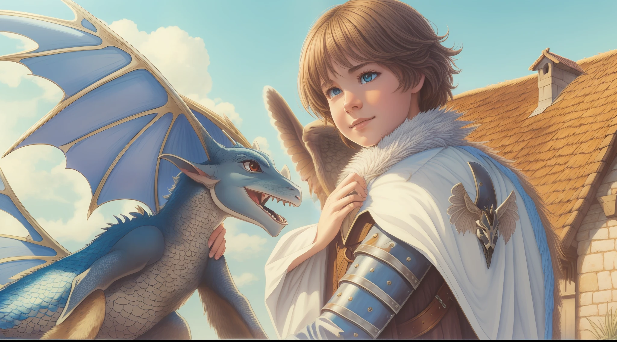 tranquility, affection, friendship, frolicking, a young knight and a small angel wing dragon, medieval rural village background, soothing atmosphere, blue sky, sunshine, natural lighting, eye contact, cinema steel, cinematic angle, colored pencil art,