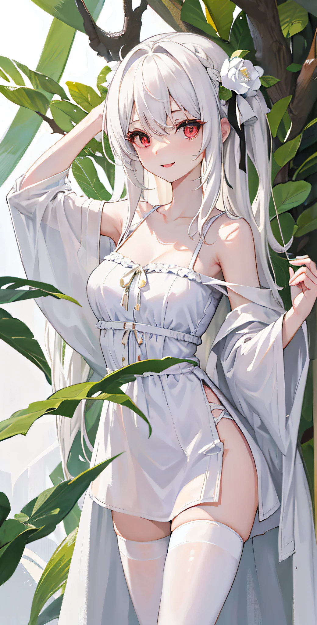 masterpiece,1girl,solo,((in_tree)),white_hair,long_hair,white_dress,collarbone,mole_under_eyes,light_smile,school_uniform,white_legwear,medium_breasts,off_shoulder,falling_leaf.flower,hair_ornament,red eyes