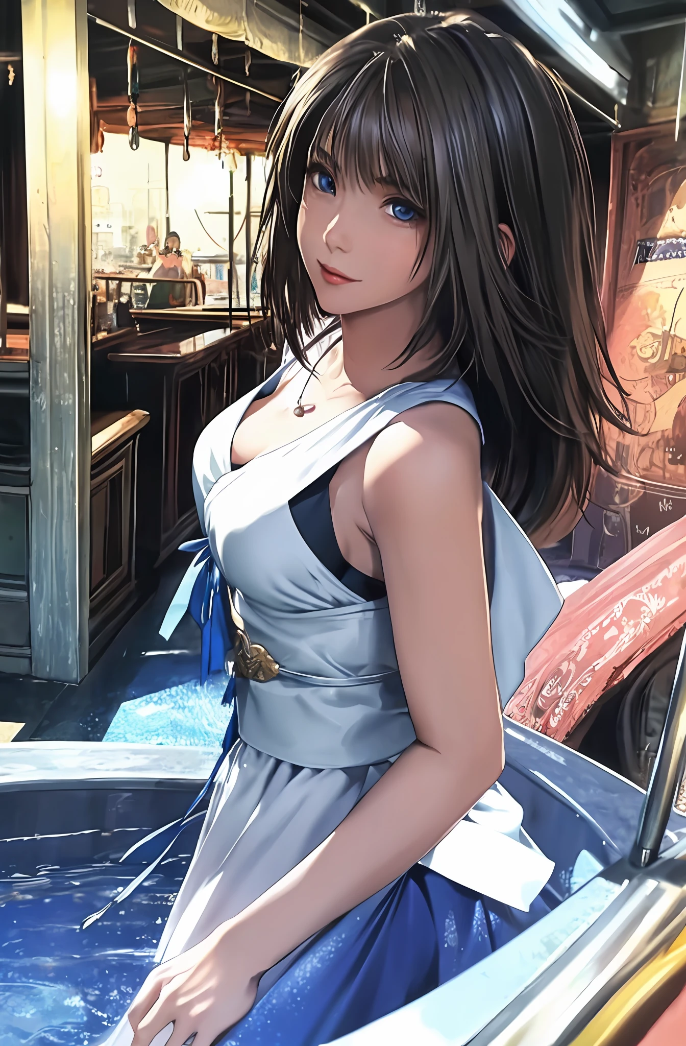 (masterpiece:1.2), (top-quality:1.2), perfect eyes, face perfect, Perfect litthing, 1girl, Mature woman dancing in tavern, , dnc_glam, silk, jewely, Fantasia, detailedbackground