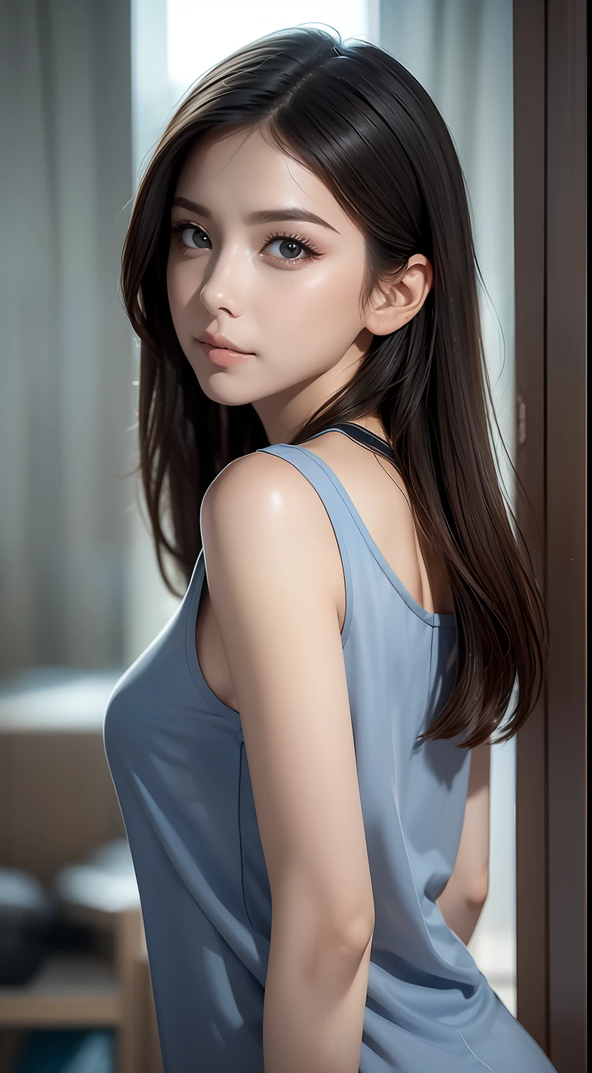 dress, (photograph realistic:1.4), (Ultra photo realsisim:1.4), (realisticlying:1.3),
(Smoother lighting:1.05), (increase cinematic lighting quality:0.9), 32K,
1girll,20岁女孩,realistic illumination,The light from the back window is backlighted,light in face,Ray traching,(Brighten light:1.2),(enchanced quality:1.4),
(Best quality real textured skin:1.4),Fine Detailed Eyes,finerly detailed face,finely quality eyes,
(fatigue, lethargy, Satisfaction:0.0),dynamicposes,tee shirt,
(Increased Body Line Mood:1.1),(Increases skin texture and beauty:1.1)