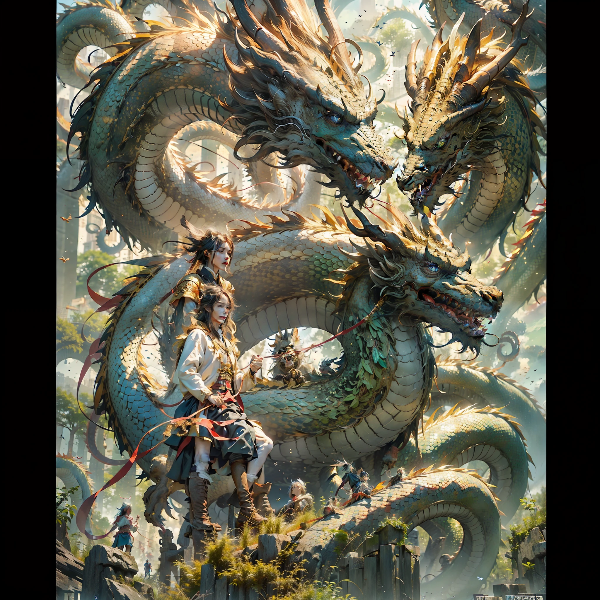 Dragons from China,From fiction the same,One person, one dragon,The Dragon of Justice,Circling around a person,(The details of the dragon are golden all over the body),Golden-colored scales,Hovering around a young man,Look up at the camera,The mouth opened bloody mouth,chineseidol,Best Picture Quality,128k,The background is a multicolored starry sky,