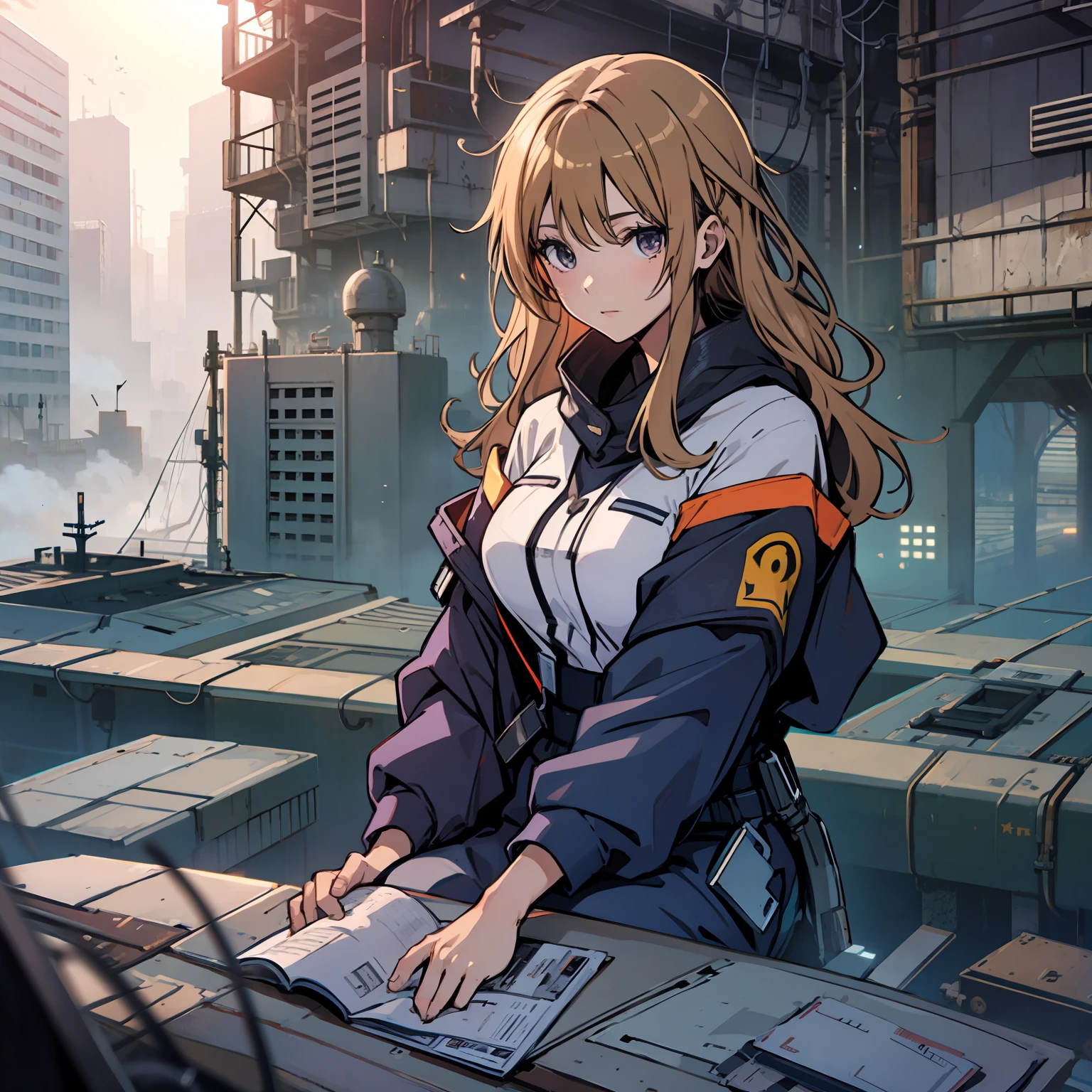 A beautiful girl as an engineer, sitting, working on a car, dystopian, anime,