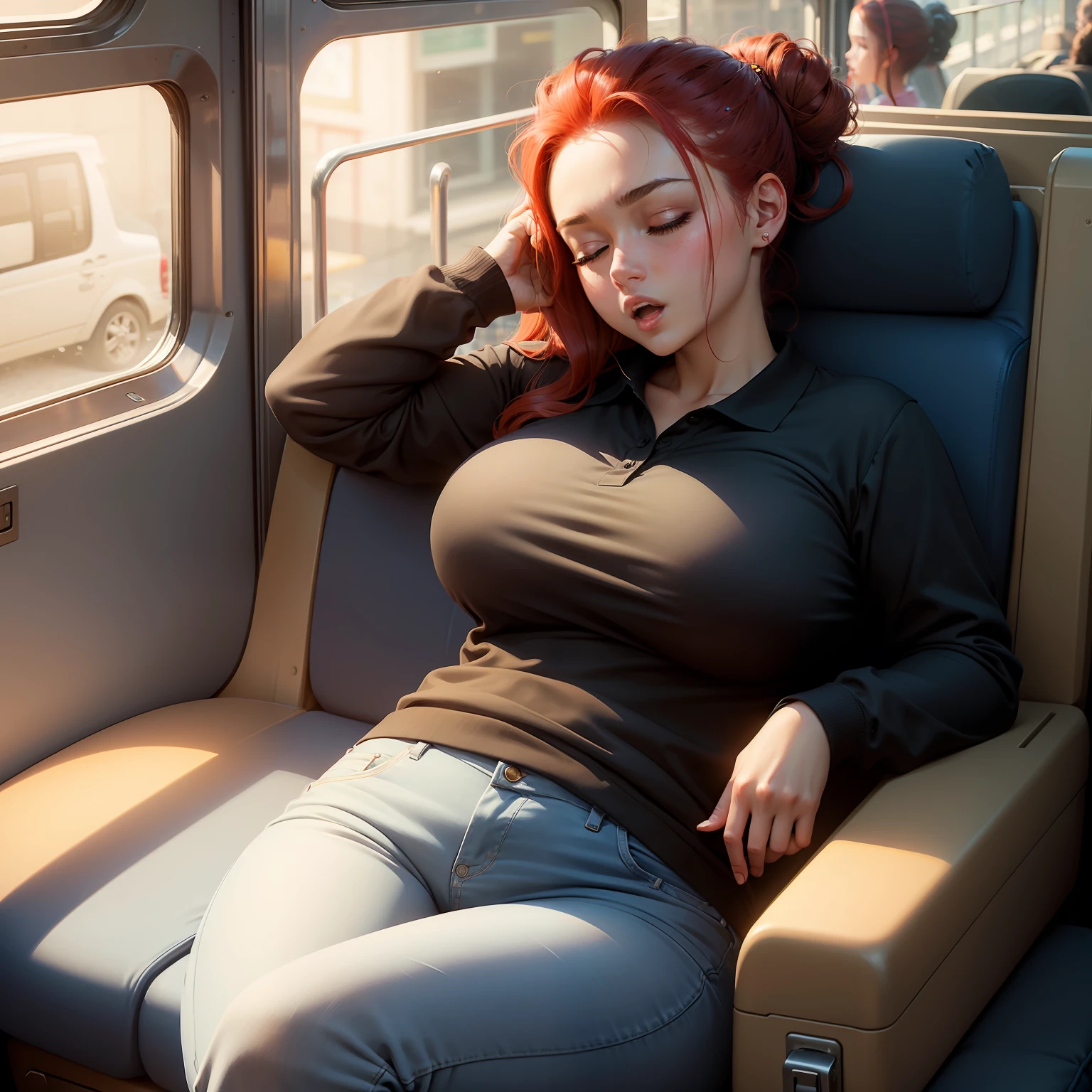 1 beautiful woman, sleeping with her mouth open, lips open, sleeping sitting on the bus seat, red hair, all hair tied up with a hair clip in a single bun, black long-sleeved polo shirt with little gold circles on the shoulders, beautiful neckline; big blue wallet, curvy woman; chubby woman, outlined eyes, long jean pants, eyes closed, head resting on the seat, sitting near the window, head raised up with open mouth, eyes closed