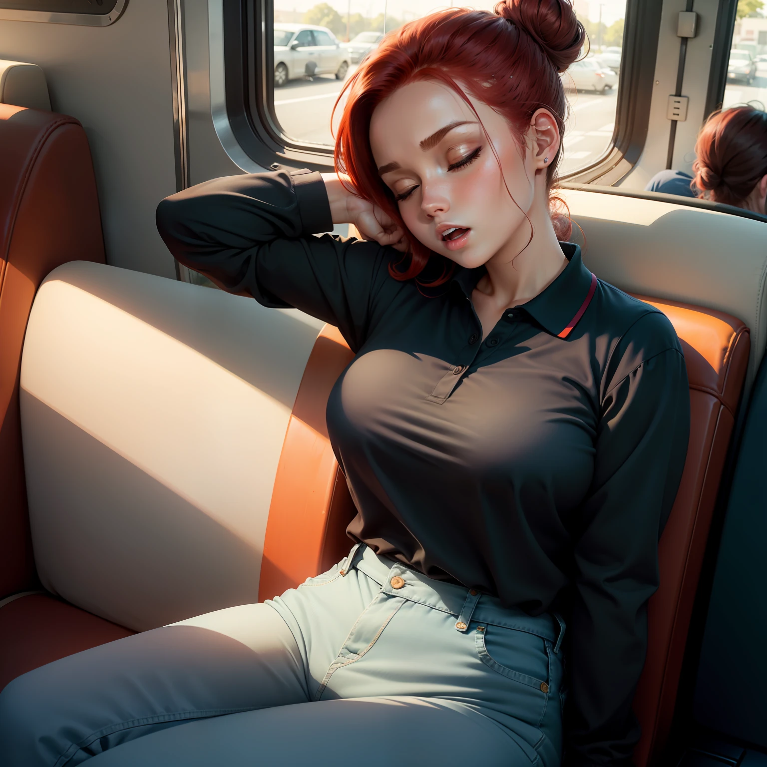 1 beautiful woman, sleeping with her mouth open, lips open, sleeping sitting on the bus seat, red hair, all hair tied up with a hair clip in a single bun, black long-sleeved polo shirt with little gold circles on the shoulders, beautiful neckline; big blue wallet, curvy woman; chubby woman, outlined eyes, long jean pants, eyes closed, head resting on the seat, sitting near the window, head raised up with open mouth, eyes closed