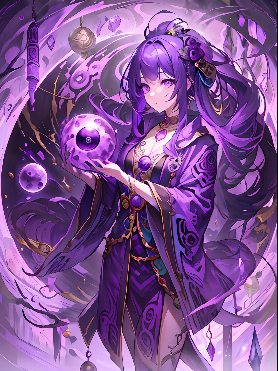 Taboo knowledge，The purple robe is printed with yin and yang gossip，Purple eye，mistic，Mysterious pattern，crystal sphere，magia，Purple colored hair，a beauty girl，long leges