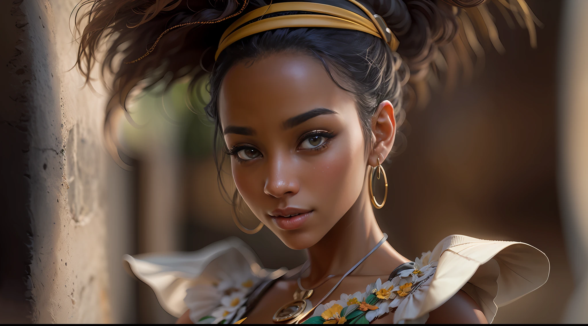 girl from Dominica. Her warm, sun-kissed skin reflects the beauty of the Caribbean island and the country's lush landscapes. Maya's expressive brown eyes, like the sparkling rivers, hold the depth and wisdom of Dominican culture. Her curly, dark hair, often adorned with tropical flowers, symbolizes the nation's blend of tradition and natural splendor. A warm and welcoming smile mirrors the Dominican hospitality and kindness. Maya embraces her country's rich history, from indigenous roots to vibrant Creole festivals. With her love for calypso music, flavorful cuisine, and deep respect for nature, she epitomizes Dominica's enchanting allure and eco-conscious spirit, making her an extraordinary representation of the country's beauty.3D rendering, realistic, made in octane, cinematic, ultra-realistic, extremely detailed octane rendering, 8k photorealistic futuristic 50mm lens hard lighting dark gray tintype photograph,
 realistic lighting, sepia color, dof,concept art, extremely detailed, ultra hd, hdr, 8k, cinematic, dramatic lighting ray tracing reflections, unreal render --v 4 --ar 3:2