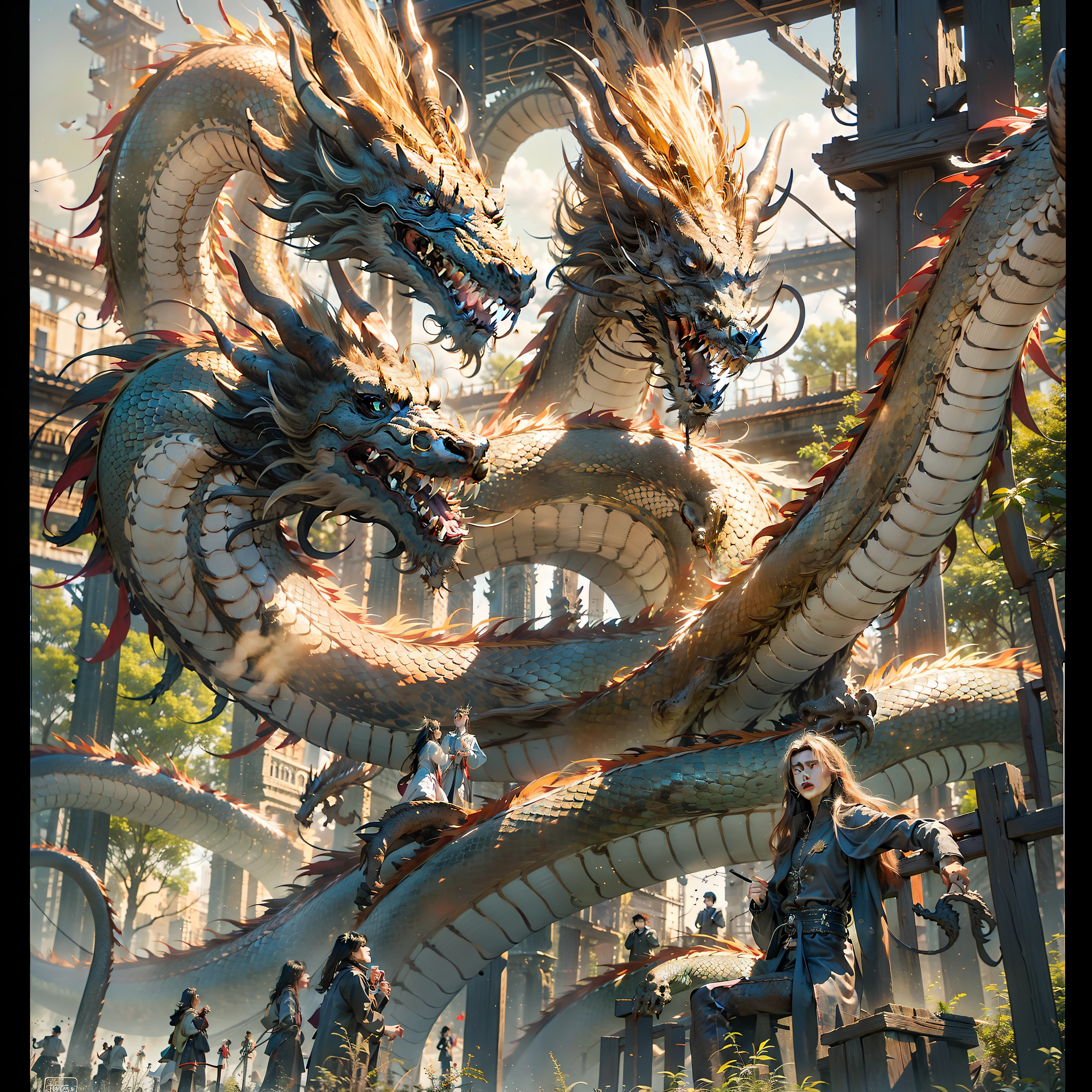 Dragons from China,From fiction the same,One person, one dragon,The Dragon of Justice,Circling around a person,(The details of the dragon are golden all over the body),Golden-colored scales,Hovering around a young man,Look up at the camera,The mouth opened bloody mouth,chineseidol,Best Picture Quality,128k,The background is a multicolored starry sky,