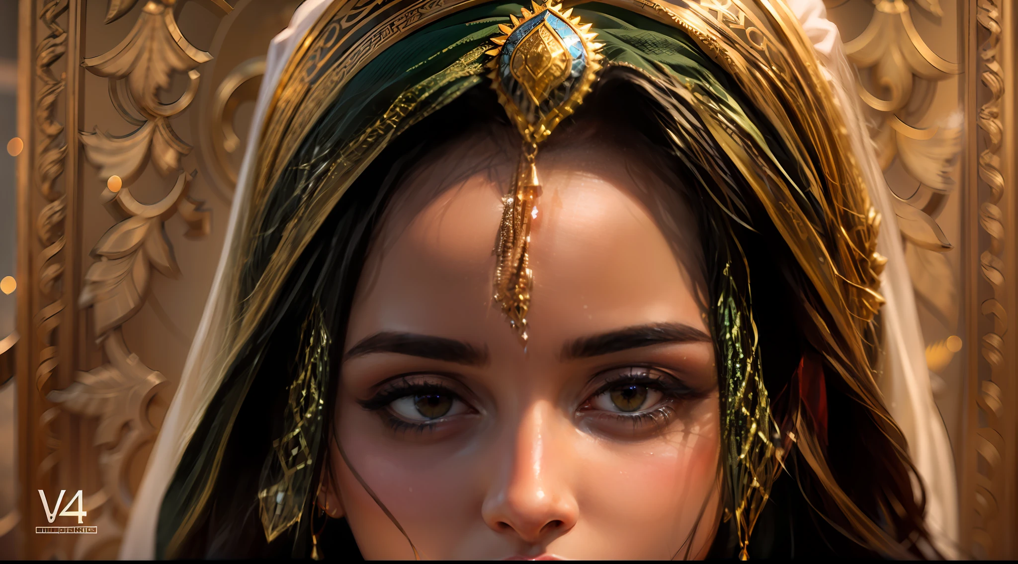 Iraqi girl. Her golden skin reflects the rich history of Mesopotamia. Layla's expressive dark eyes hold the strength and wisdom of Iraqi culture. Her long, flowing hair, adorned with intricate jewelry, symbolizes elegance. A warm smile embodies the Iraqi hospitality and inner beauty, making her truly enchanting.concept art, extremely detailed, ultra hd, hdr, 8k, cinematic, dramatic lighting ray tracing reflections, unreal render --v 4 --ar 3:2