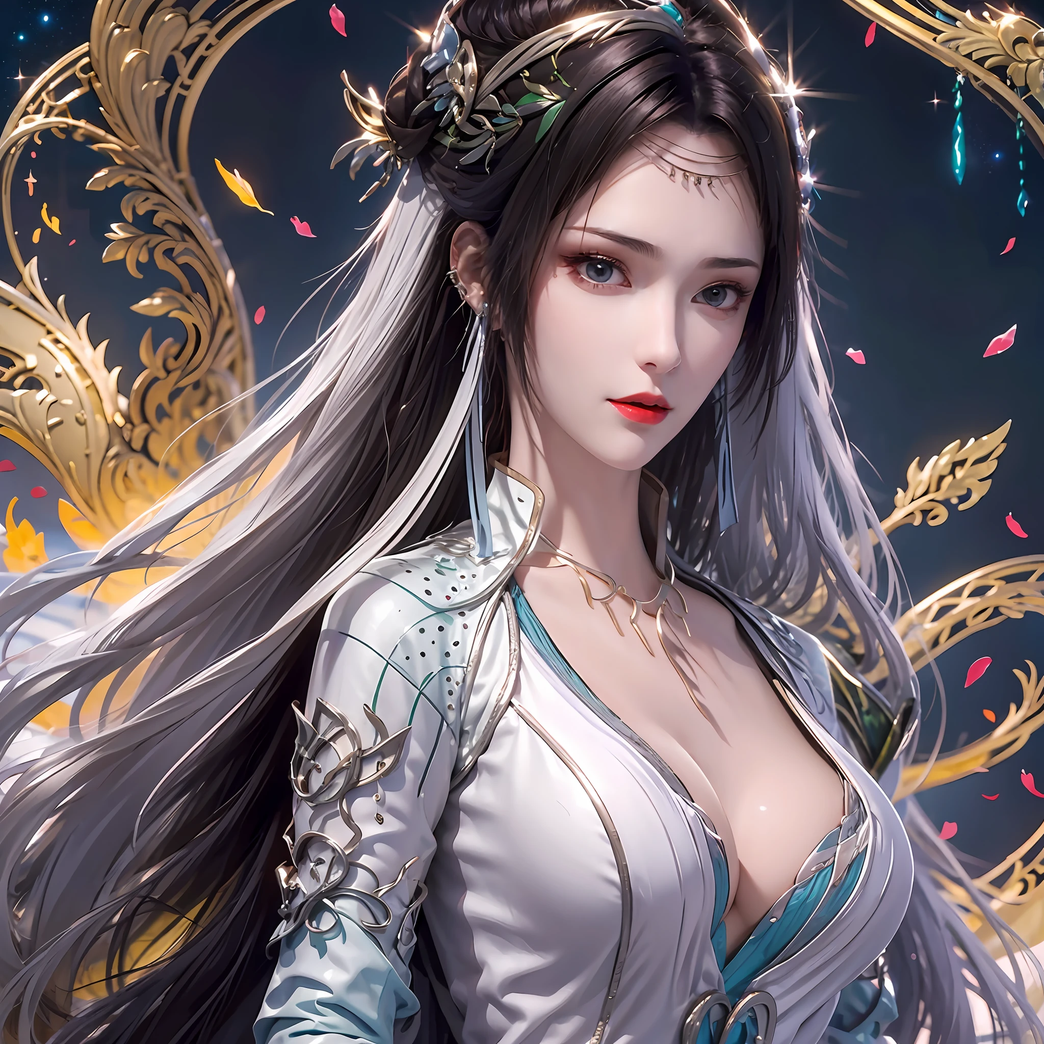 Portrait of a young 20-year-old saint, a saint with a beautiful and super cute face,wearing a very thin and sexy ao dai, beautiful cute face, Ao dai with a deep slit in the chest and attractive black and white lace trim, beautiful face without blemishes, Lovely smile, ((7-color hair length:1.2)), big crown, hair brooch, hanfu dress, chinese ancient style, full body jewelry, forehead tattoo, The female saint's breasts are round and very full, breast augmentation, innocent face, The most beautiful and detailed light red lipstick, ((Thin plump lips:0.3)), delicate pink and white eyes (white and detailed) cinematic, light and dark, dramatic lighting, magical light, extremely detailed light, true color, super sharp, realistic, 8k quality, saints and magical space, the most detailed images, Solo, a saintess, ((looking directly at the saint's upper body:0.4)), ((smooth skin:0.5)), ((universe background:1.2)), (outdoor:0.8),
