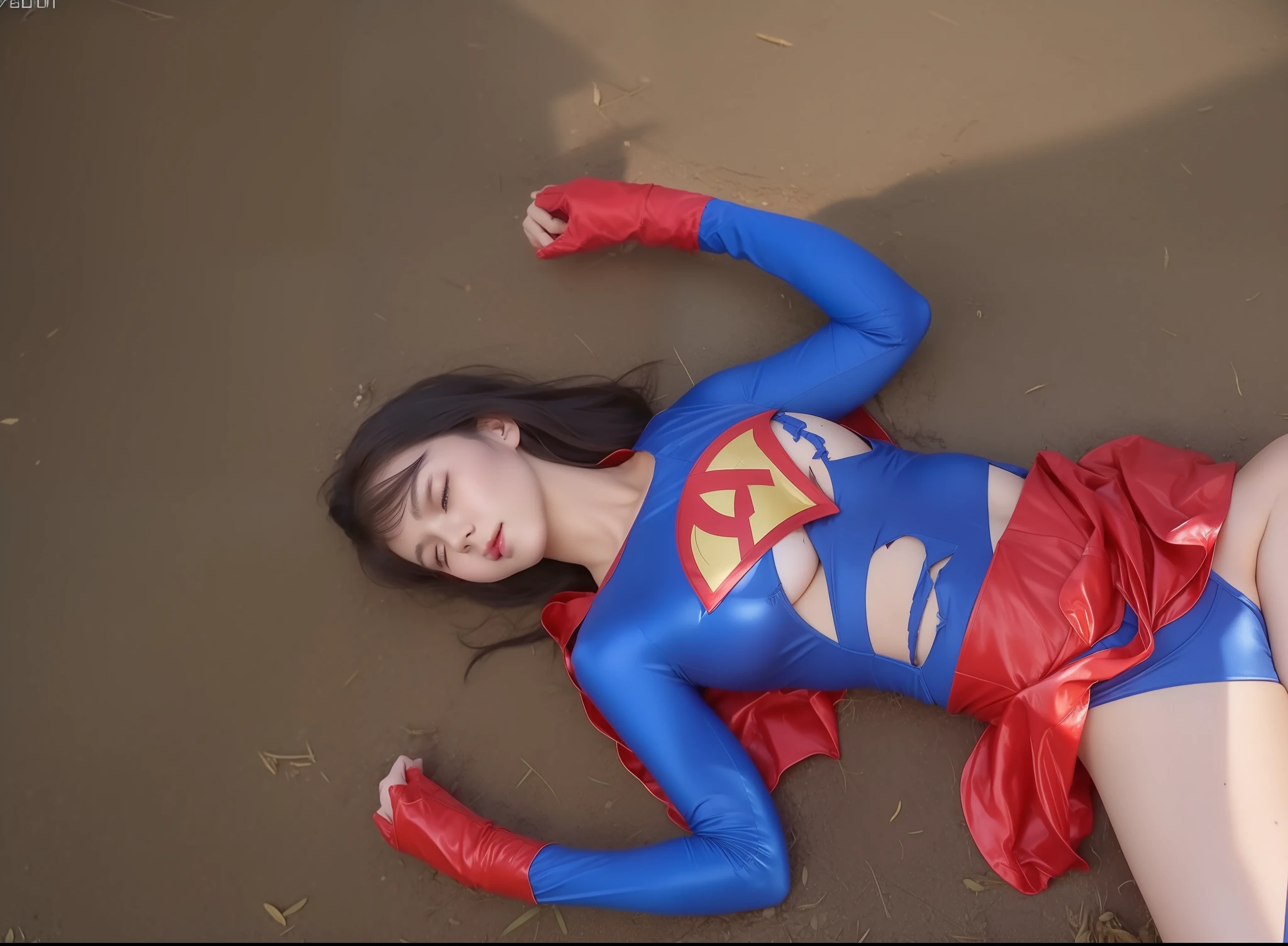 (((top-quality、8k、​masterpiece:1.3))、super girl、Supergirl logo on chest、Crisp focus:1.2、Beautiful woman with perfect body shape:1.4、Slender abs:1.2、((layers-Cut、huge tit:1.2))、a wet body:1.5、Highly detailed face and skin texture Supergirl、Bloody、Clothes are shredded and torn、Best Quality, Detailed, hight resolution), 1girl in, super girl、Superheroine、Bishoujo Warrior、defeat、lying back on、Falling down、knockout、Fitted Supergirl costume、make your breasts bigger、well-muscled、Solo, From  above,sleepy, Sleep Wine, doll joints、s asleep、Painful、Painful look、syncope、dead body、Beautiful crotch、high-detail、8K