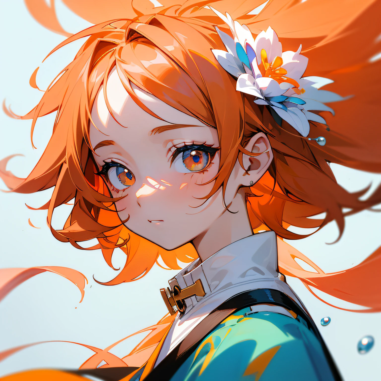 (tmasterpiece)、(top-quality)、(ultra - detailed)、(messy hair)、(illustratio)、(1 rapariga)、(Fashionable clothing)、It stands、Fashion model、looking at viewert、(interview)、(simple background)、Orange hair、Beautiful fine eyes、Delicate beauty face、Planktonic、(a high chroma)、(colorful water splash)、Colorful bubbles、(brilliance)、Focus on the face、