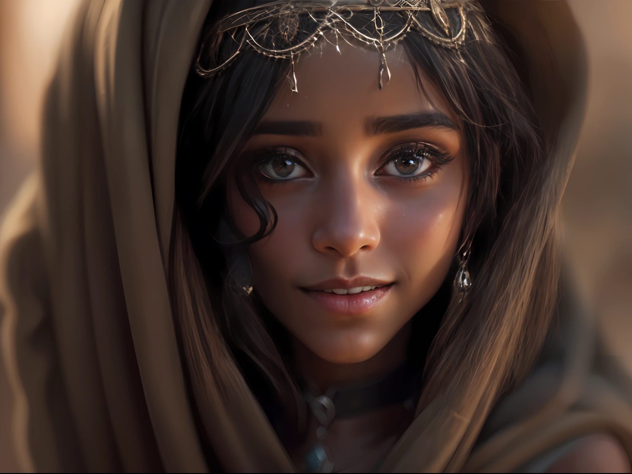 Yemeni girl. Her sun-kissed skin reflects the warmth of Yemen's ancient lands. Fatima's expressive dark eyes hold the wisdom and strength of Yemeni culture. Her flowing, dark hair, often adorned with delicate jewelry, symbolizes elegance. A warm smile embodies the Yemeni hospitality and timeless allure, making her truly enchanting, realistic, made in octane, cinematic, ultra-realistic, extremely detailed octane rendering, 8k photorealistic futuristic 50mm lens hard lighting dark gray tintype photograph, realistic lighting, sepia color, dof,concept ar