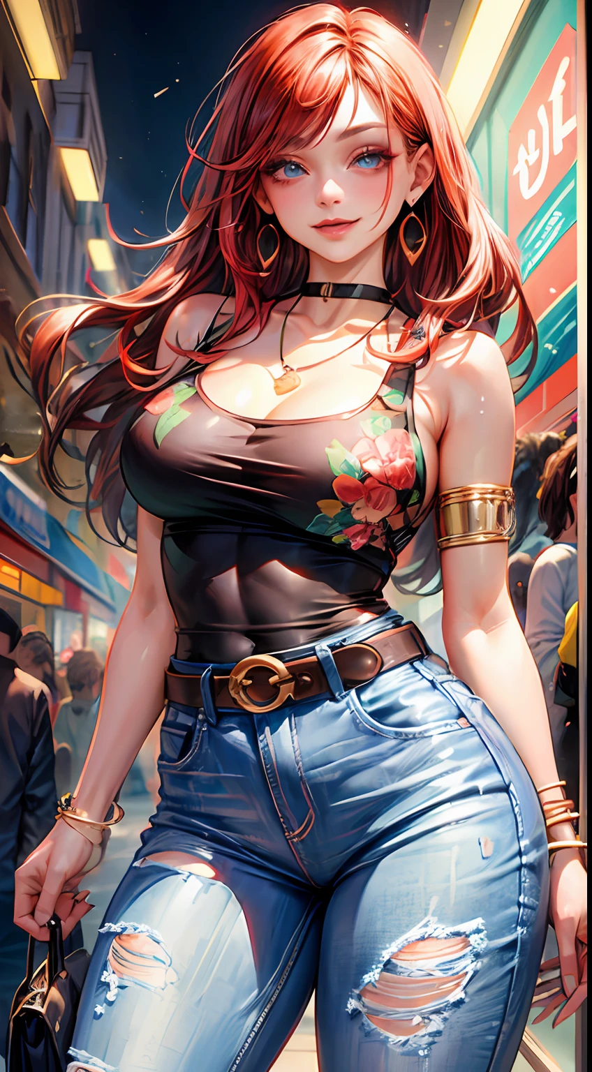 (masterpiece:1.2), (best quality:1.2), perfect eyes, perfect face, perfect lighting, 1girl, mature female, smiling, long red hair, straight hair, sophisticated haircut, stylish, single bare shoulder shirt long, music band print, jewelry, necklace, earrings, armlets, lacey choker, belt, low cut black jeans, thick eyelashes, makeup, eyeshadow, detailed mall background, crowd