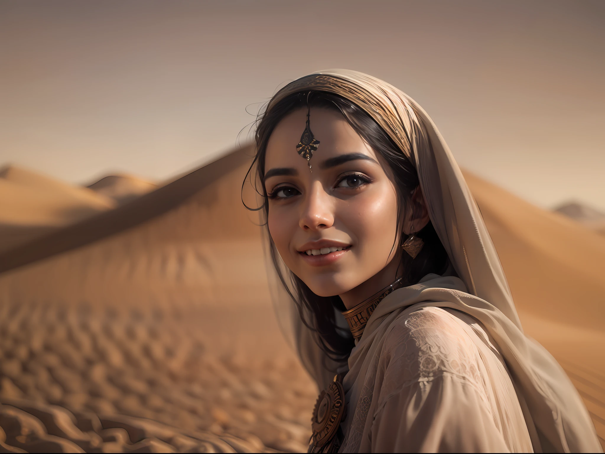 Emirati girl. Her sun-kissed skin reflects the beauty of the desert landscapes. Aisha's expressive dark eyes hold the wisdom and grace of the United Arab Emirates. Her flowing, dark hair, often adorned with elegant henna designs, symbolizes tradition. A warm smile embodies the Emirati hospitality and timeless allure, making her truly captivating, realistic, made in octane, cinematic, ultra-realistic, extremely detailed octane rendering, 8k photorealistic futuristic 50mm lens hard lighting dark gray tintype photograph, realistic lighting, sepia color, dof,concept ar