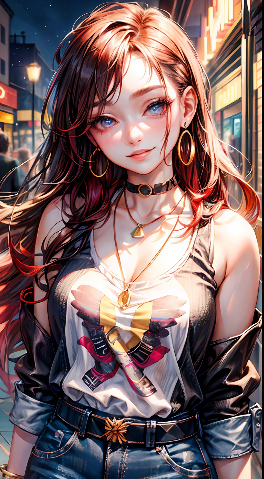 (masterpiece:1.2), (best quality:1.2), perfect eyes, perfect face, perfect lighting, 1girl, mature female, smiling, long red hair, straight hair, sophisticated haircut, stylish, single bare shoulder shirt long, music band print, jewelry, necklace, earrings, armlets, lacey choker, belt, low cut black jeans, thick eyelashes, makeup, eyeshadow, detailed mall background, crowd