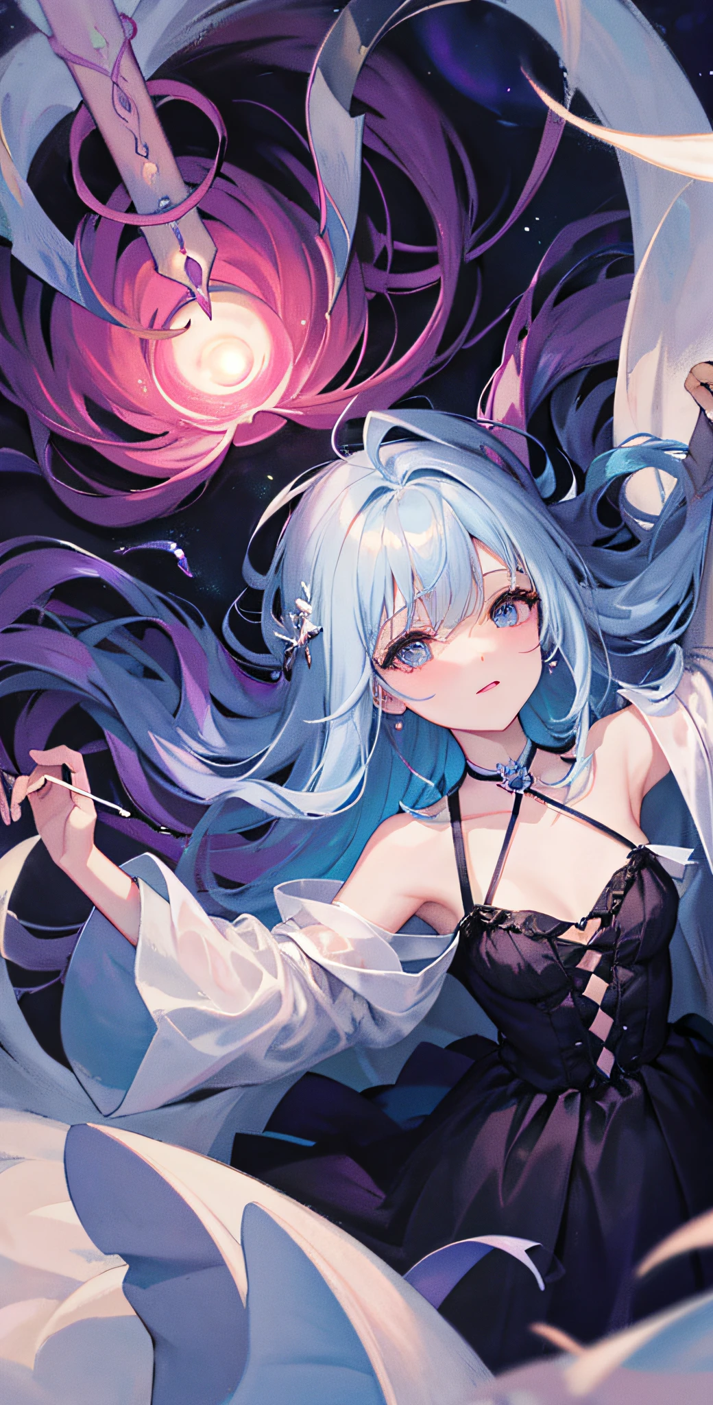 Dreamweaver diva, phantasmal, surreal, night-sky hair, dreamscape, orchestrating, symphony of slumber, dress of dusk, floating among dreams, deep night, lullaby of the subconscious, dream orchestration scene,Neck,Unity,(from above),