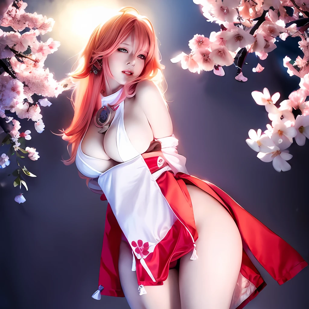 Realistic eyes, detailed shadow, view the viewer, Dog ears, Detailed lighting,(detailed hairs, photo-realistic hair, Realistic lighting, realistic shaded, realistic dress), Realistic skin, (Gun at the waist:1), Realistic reflection of light from above,((arms back behind)),(with hands behind her back),tube top,Sexy,Night,Stockings,Naked,Bigboobs,big breast,Cherry blossoms, White skirt, White dress,full bodyesbian,A Japanese shrine,Pink filter element，Plump breasts and buttocks，big breasts exposed cleavage，barefaced