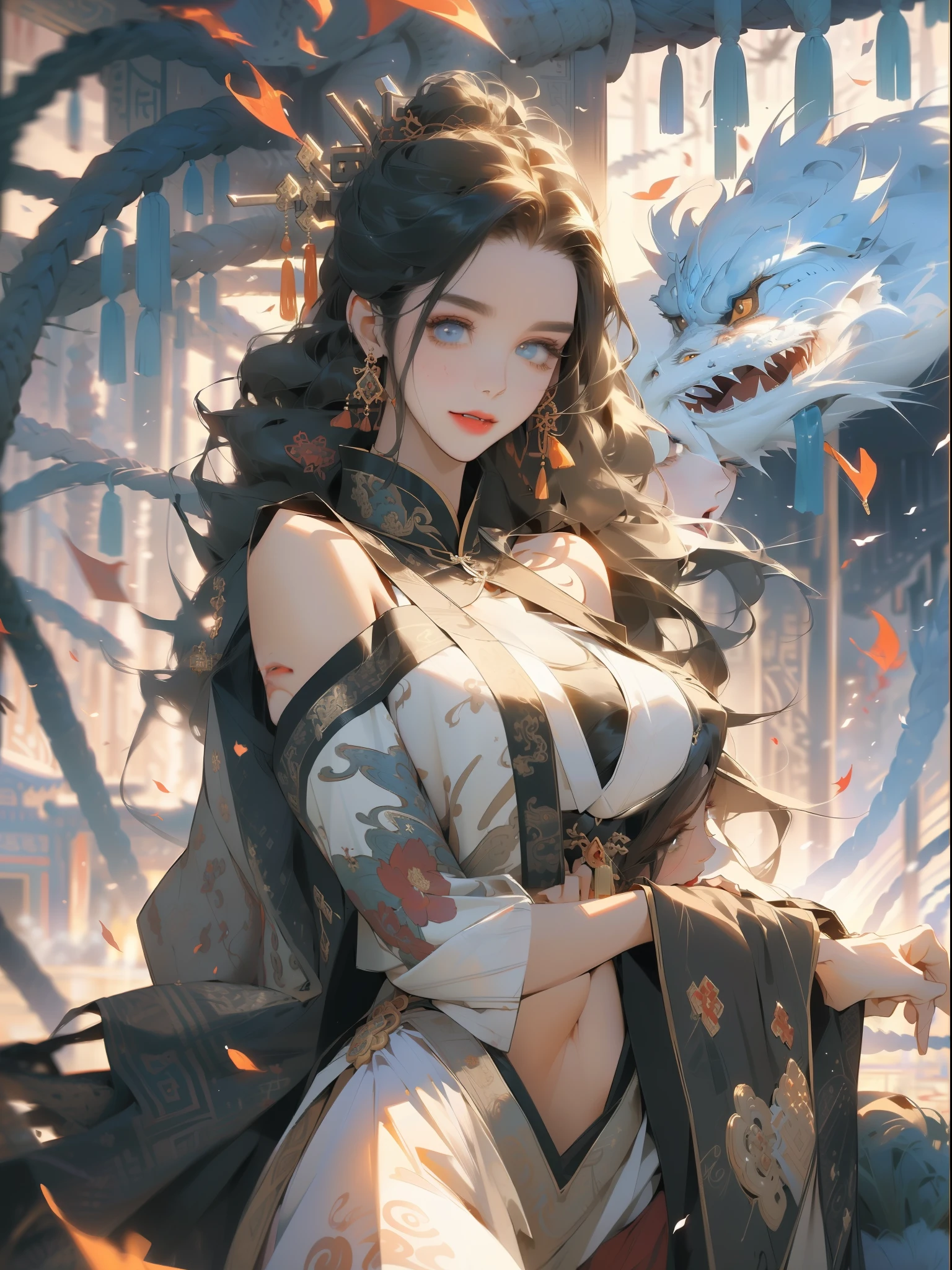 (RAW photos, best quality), (realistic, Photo Realism: 1.3), Extremely Refined and Beautiful, Amazing, Fine Detail, Masterpiece, Ultra Detail, High Resolution, (Best Illustration), (Best Shadow), Intricate, (in a crimson gold Chinese dragon, surrounded by gold dust, black flowers, trees, petals, wind, God, long wavy body, fangs, fantasy, mythology, high quality, highly detailed, masterpiece, epic, particle effects, dynamic effects, (Dragon: 1.4 in front of), clouds, storms, mountains, sunsets, clear focus, volumetric fog, 8k Ultra HD, DSLR, High quality, (Film grain: 1.4), Fujifilm XT3,Official Art, Unity 8K wallpaper, Ultra detailed, Beautiful and beautiful, Best quality, (Zen entanglement, tangled, entangled), (fractal art: 1.4), 1 girl, brunette hair, Chinese, bare shoulders, short skirt, calf, navel, very detailed, dynamic angle, denim lens, (most beautiful chaotic shape), flow, (bright colors), OC, (half: 1.2), china, (tape: 1.3), (Dream: 1.5), (Hanfu: 1.5), Chinese Dragon, (Smile: 0.5), (Chinese God), Realistic, Ultra High Resolution, Complex, Ultra Detailed, (Skin Dents), Female, Detailed Body, (Detailed Face: 1.1), (Contoured Iris), (Watercolor Lenses), (Perfect Eyes), 4K, Gorgeous, (Masterpiece: 1.2), (Best Quality: 1.2), Wide Buttocks, Thick Thighs, (Big Tits: 1.2) and (Big Tits: 1.2), Debauchery, Seductive pose.