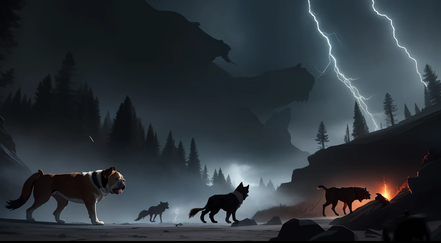 1bulldog, 1wolf, and a murder of crow's/ravens, all together, coming out of a cave, dark forest, lightning in background, high quality,realistic