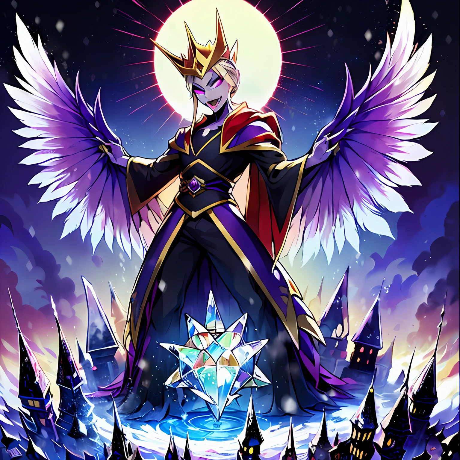 digimon \(creature\),masterpiece, best quality, Beautiful Art Style, 1boy, Solo,young man, ((Vil Schoenheit as a Digimon)), ((Evil queen from Snow White themed )),((Glass Wings)), ((Bird like)),((Purple Skin)),(( Blonde hair with a purple gradient))((White , Purple and Light blue color scheme)), (crystal) Dynamic pose, Mid transformation sequence , stylish pose, ((Evil))