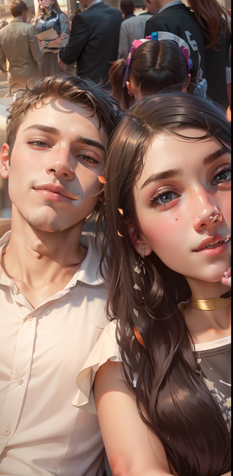 change background Highschool Couple sweet selfie, ashes shirt boy and pick dress girl, Ultra realistic, 8k