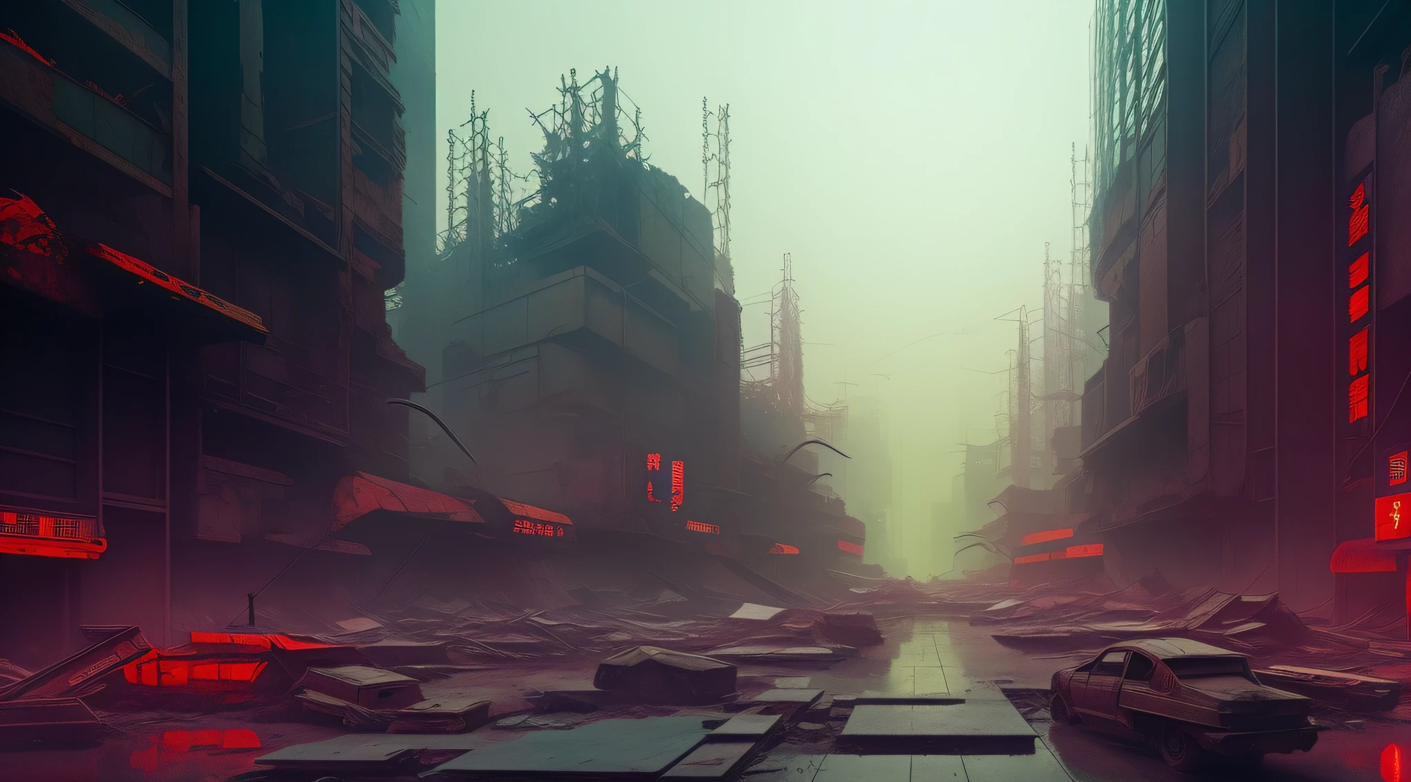 cores abstratas, textura, grain of film, dusty atmospheric haze, Japanese-themed cyberpunk apocalyptic city destroyed