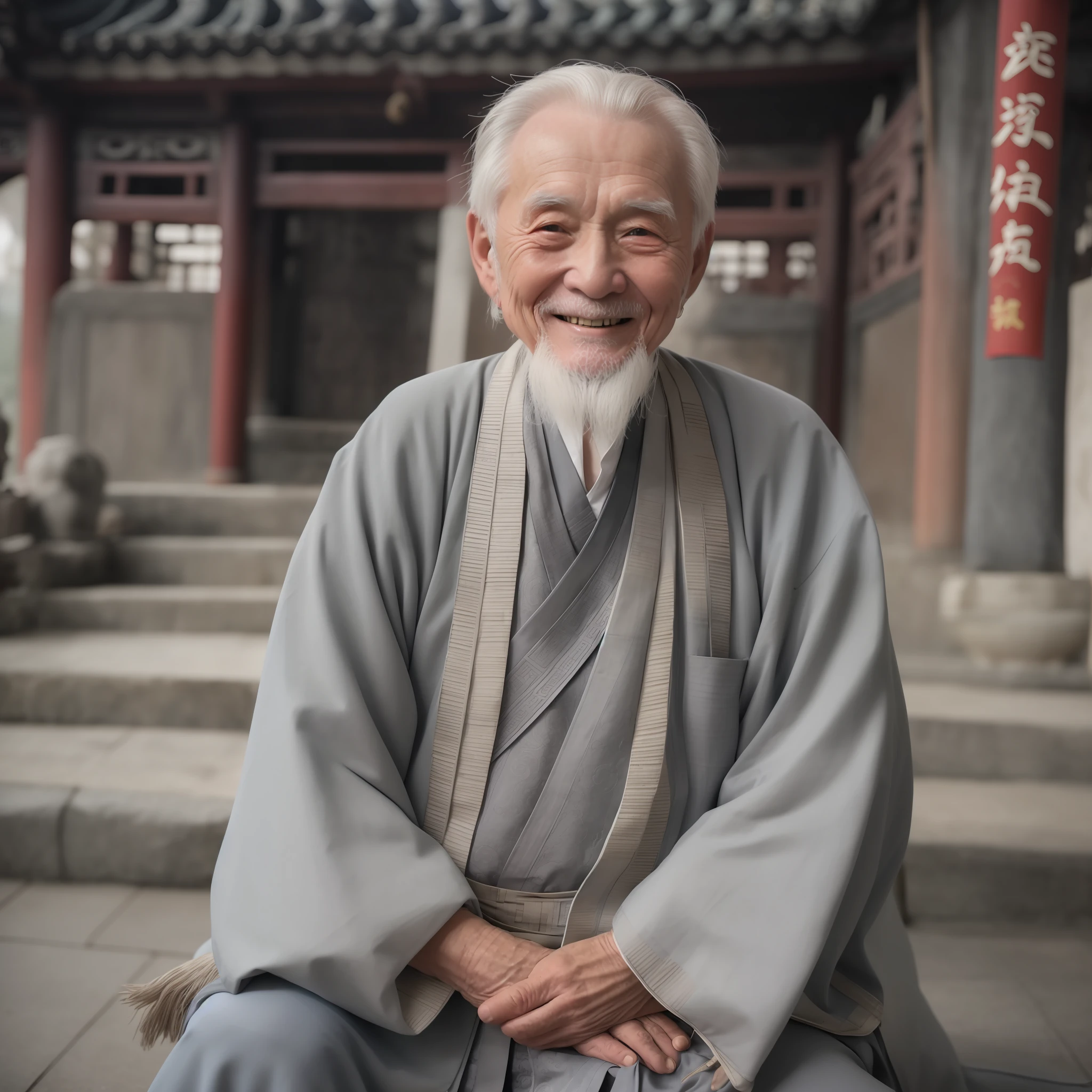 A white-haired old man, dressed in grey ancient Chinese clothes, smiling, 80 years old,middle of the shot,Small white beard,Ancient,
Indoors, Chinese Taoist temple, Ancient China temple,sitting cross-legged,Ancient Chinese architecture,
Medium shot, best quality,photograph,