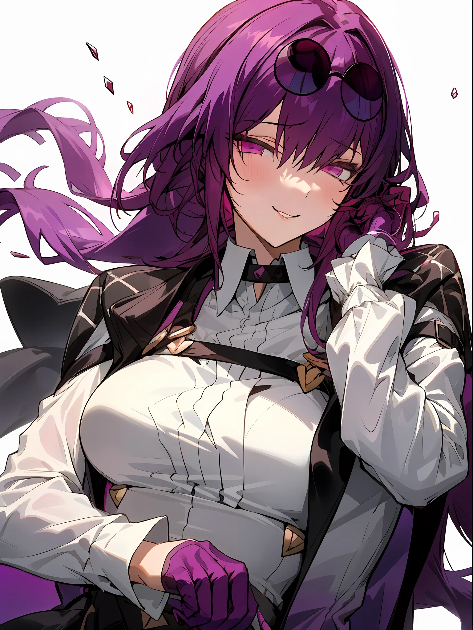 (Masterpiece, Best quality),8K,  one-girl, 独奏, KafkaHKS, Playful expression！eyewear on head,   hair between eye，Long sleeves, Purple gloves, White shirt,  Black silk thighs， sunglasses on head， long whitr hair， looking at viewert， Reddish-purple hair，a pink eyes， Short purple nails， Scarlet eyes，long whitr hair，Wine，wineglass