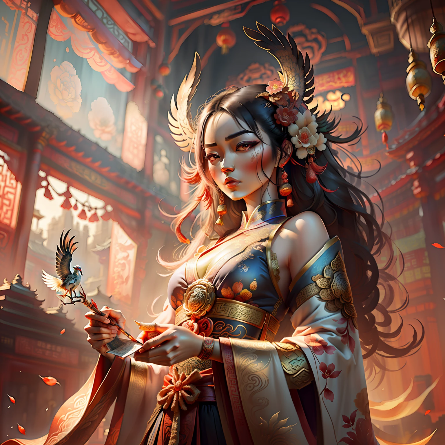 A vibrant Chinese style，crane，Gorgeous crane intricate details，opulent，Detailed illustration，Intense rendering，Popular on the art stage，aquarelle，ink and watercolor painting