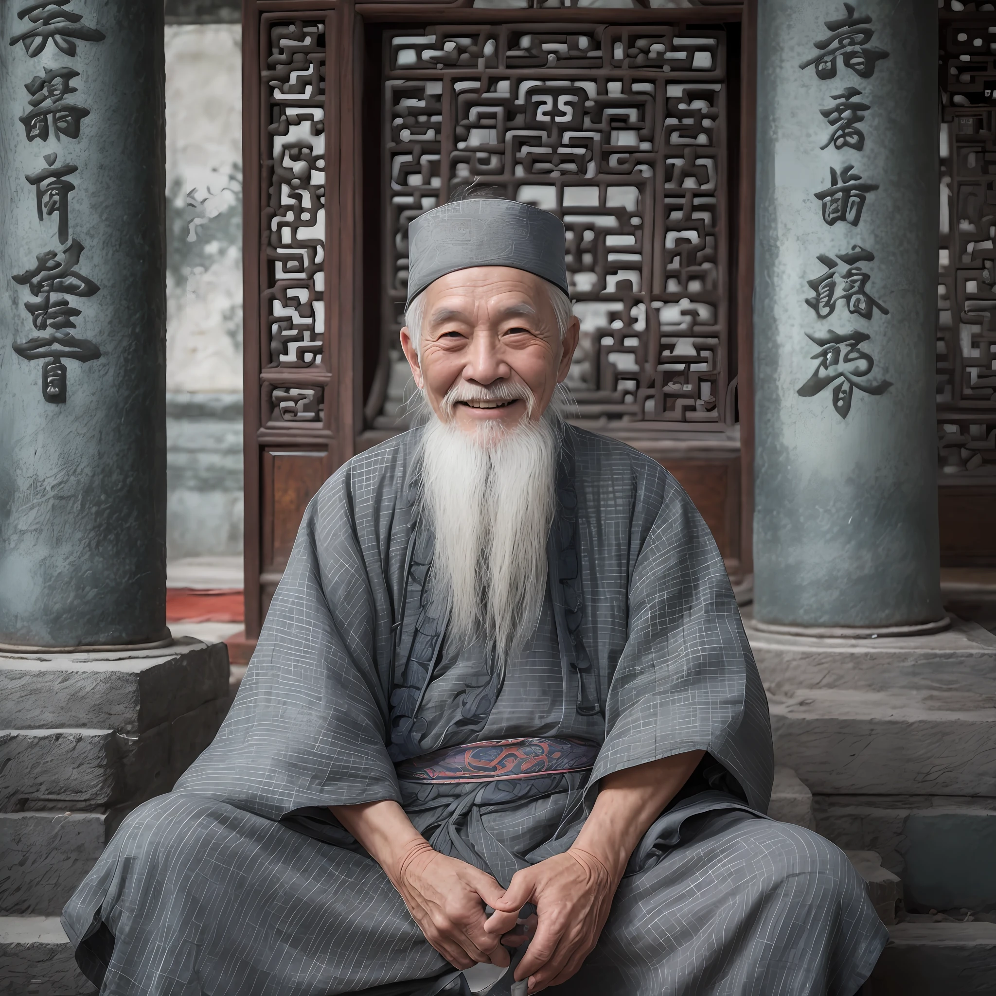 A gray-haired old man, Dressed in gray ancient Chinese clothing, Smiling, 80 years old,Middle of the lens,Little white beard,Ancient,
Indoors, Chinese Taoist Temple, Ancient chinese temple,sitting cross-legged,Ancient Chinese architecture,
Medium shot, Best quality,photographed,