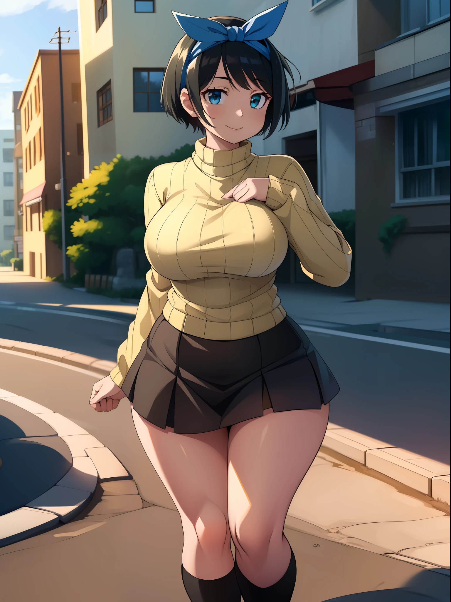 ((((kipteitei art)))), ((highres)),Masterpiece, high quality, best quality, beautiful, perfect lighting, detailed face, ultra cute face, ((1girl)), ((solo), ((((sarashina ruka)))), ((blue hairband)), ((tan turtle neck sweater)), ((black short skirt)), black socks, loafers, looking at viewer, cowboy shot, sweet smile, cute, happy, medium breasts, perky breasts, (wide hips), (thick thighs), thicc, town, street,