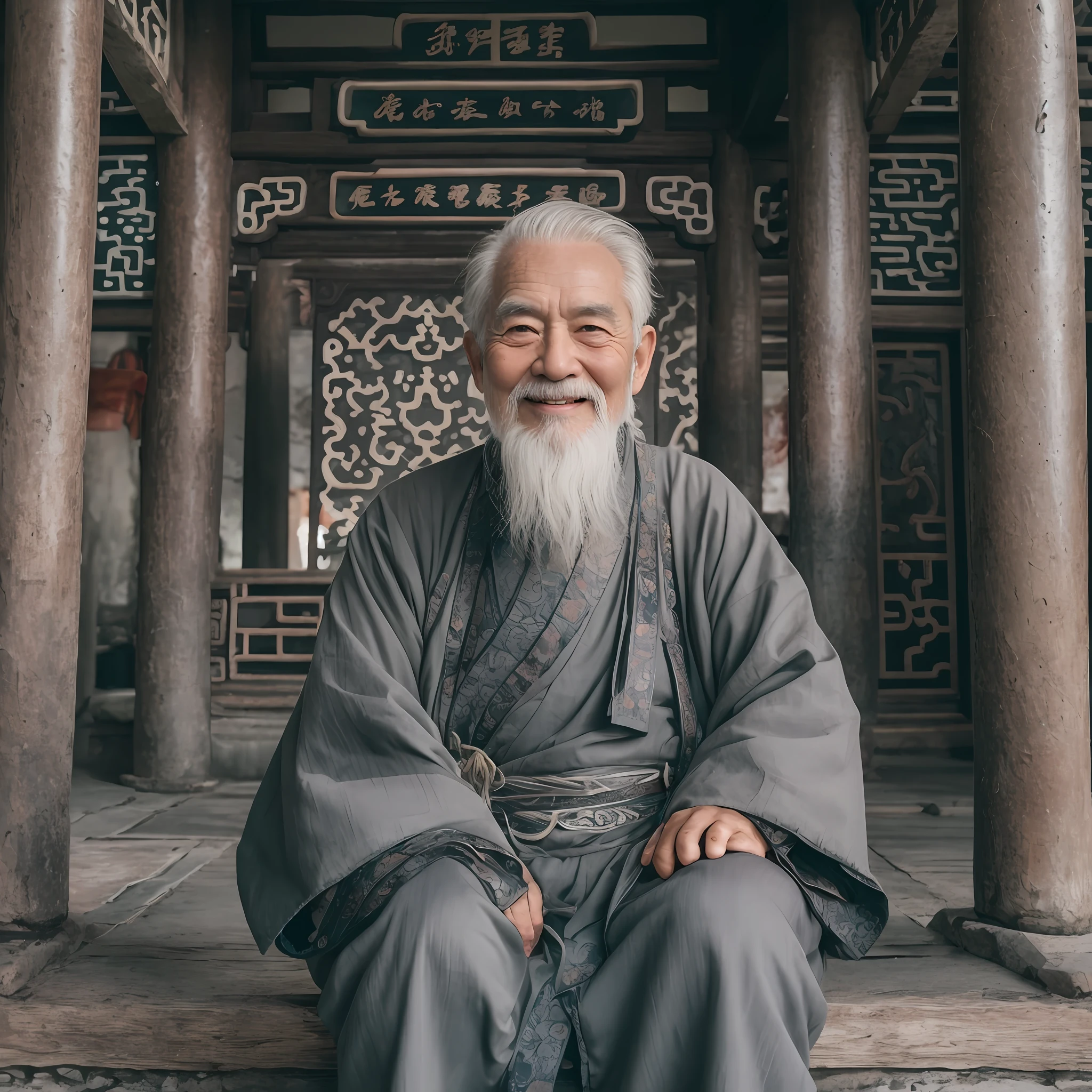 A gray-haired old man, Dressed in gray ancient Chinese clothing, Smiling, 80 years old,Middle of the lens,Little white beard,Ancient,
Indoors, Chinese Taoist Temple, Ancient chinese temple,sitting cross-legged,Ancient Chinese architecture,
Medium shot, Best quality,photographed,