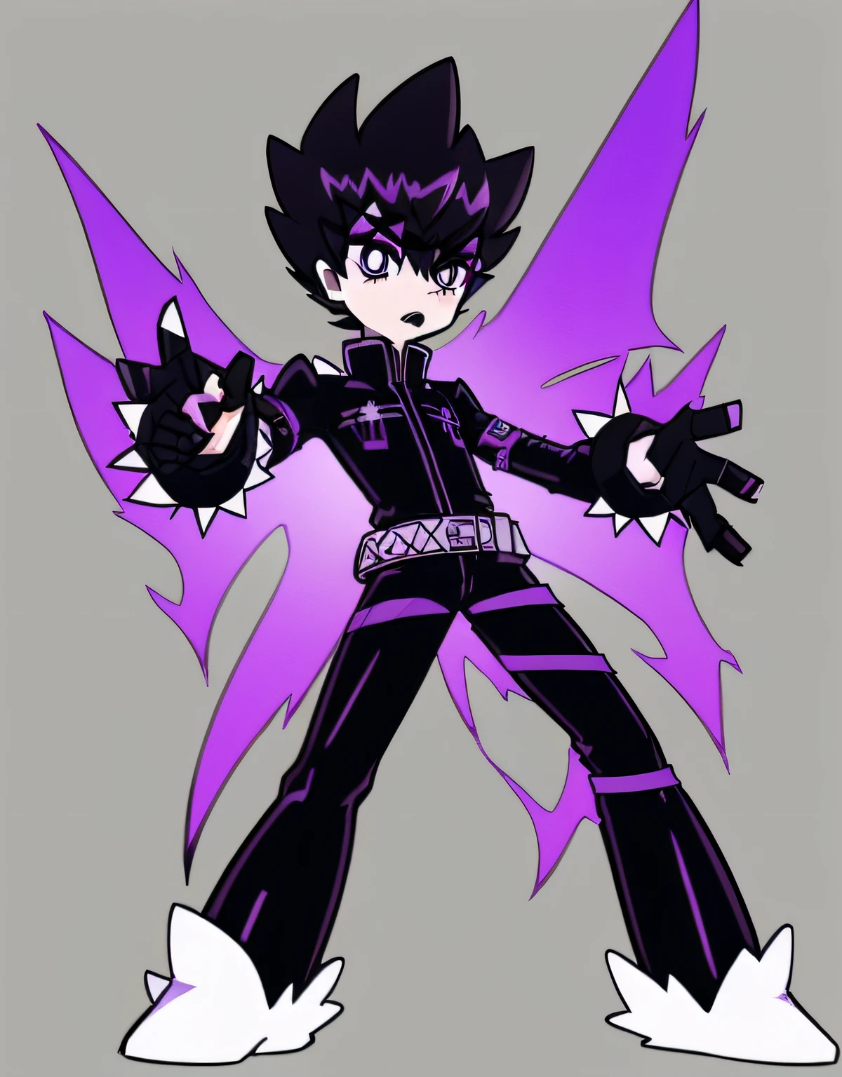 1boy, pure white skin, black spiky hair, purple eyes, black eyebrows, black fluffy jacket, black latex pants, black boots, solo, dynamic pose, spike bracelets, purple and yellow background