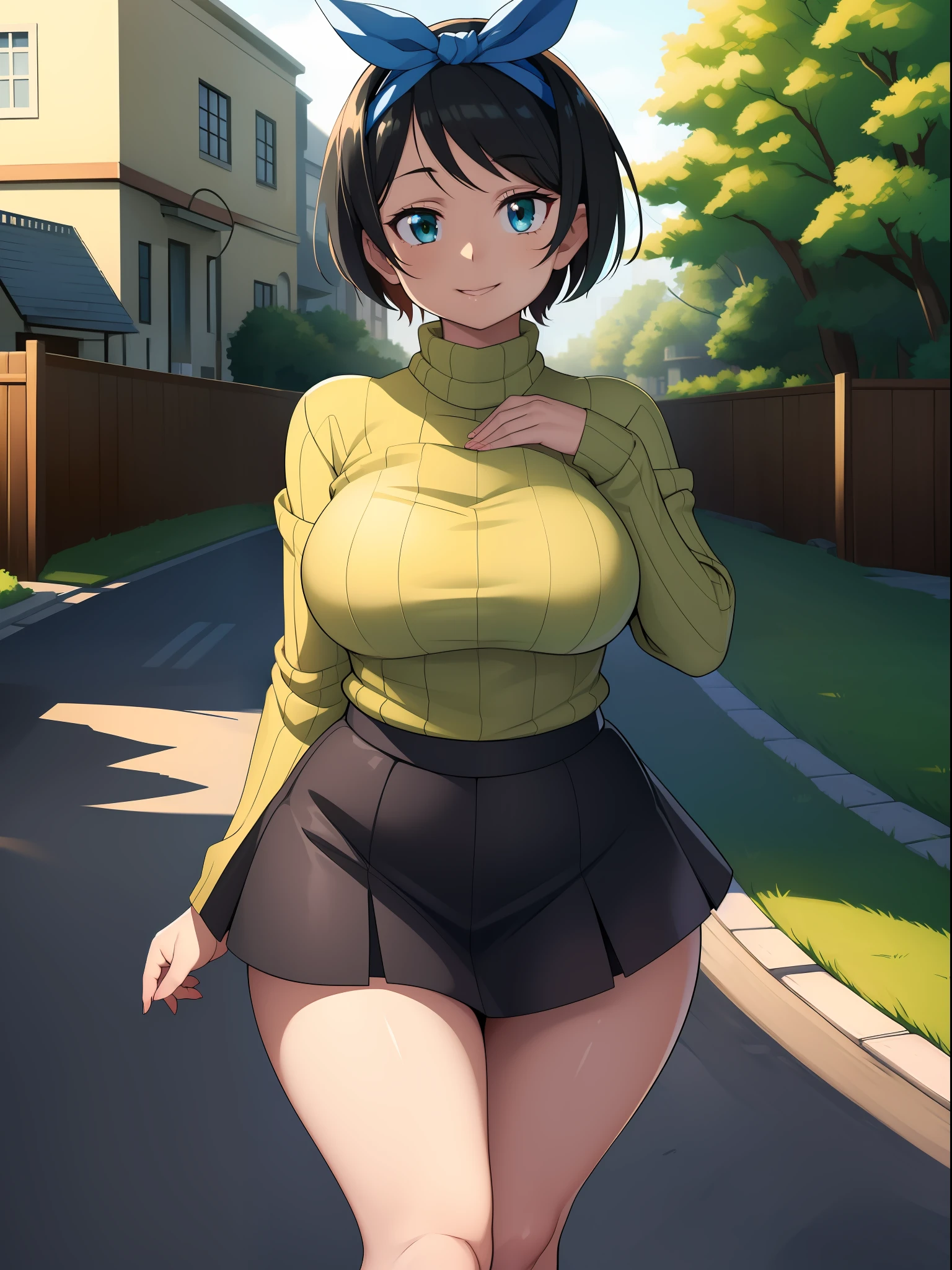 ((((kipteitei art)))), ((highres)),Masterpiece, high quality, best quality, beautiful, perfect lighting, detailed face, ultra cute face, ((1girl)), ((solo), ((((sarashina ruka)))), ((blue hairband)), ((tan turtle neck sweater)), ((black short skirt)), black socks, loafers, looking at viewer, cowboy shot, sweet smile, cute, happy, medium breasts, perky breasts, (wide hips), (thick thighs), thicc, town, street,