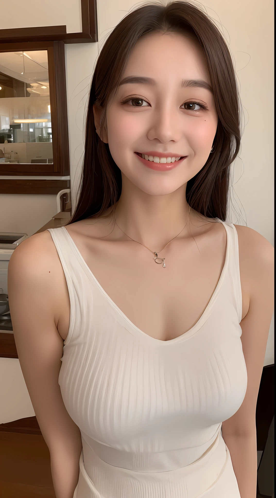 ((Best Quality, 8K, Masterpiece: 1.3)), 1girl, Slim Abs Beauty: 1.3, Big Breasts: 1.2), Dress: 1.1, Super Fine Face, Delicate Eyes, Double Eyelids, Smile, coffee shop