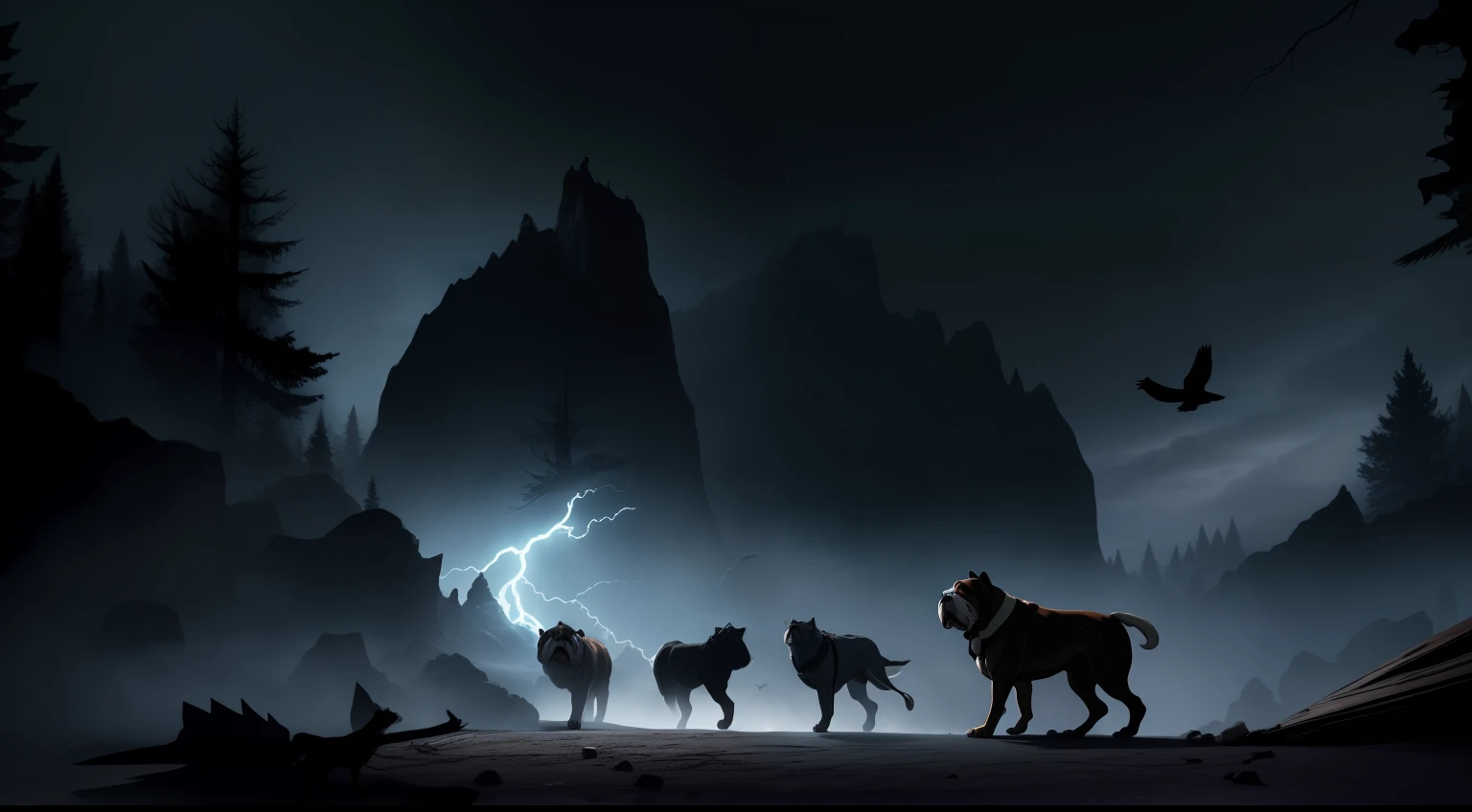 1bulldog, 1wolf, and a murder of crow's/ravens, all together, coming out of a cave, dark forest, lightning in background, high quality,realistic