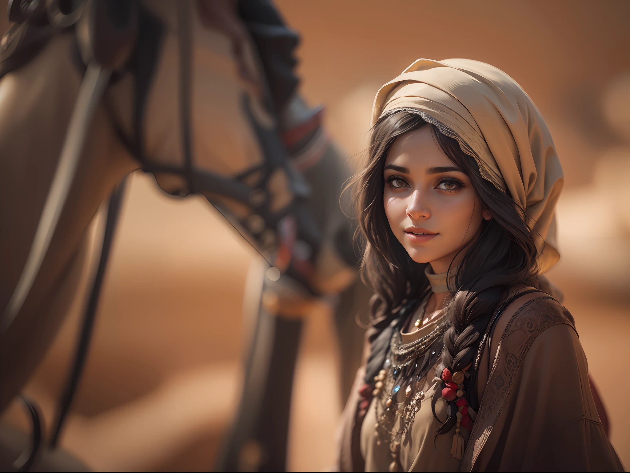 Jordanian girl. Her warm, sun-kissed skin reflects the beauty of the desert landscapes. Layla's expressive dark eyes hold the depth and wisdom of Jordan's rich history. Her flowing, dark hair, often adorned with traditional accessories, symbolizes elegance. A warm smile embodies the Jordanian hospitality and timeless charm, making her truly enchanting., realistic, made in octane, cinematic, ultra-realistic, extremely detailed octane rendering, 8k photorealistic futuristic 50mm lens hard lighting dark gray tintype photograph, realistic lighting, sepia color, dof,concept ar