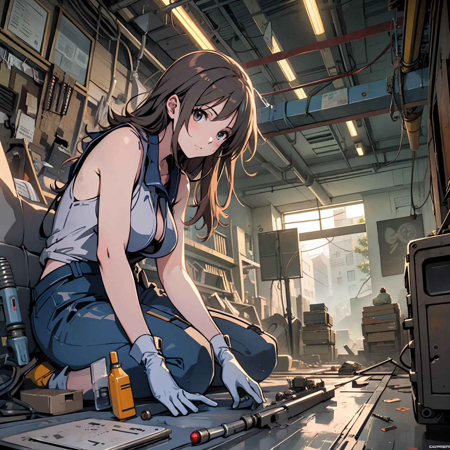 A beautiful girl as an engineer, sitting, working with some screw drivers to fix a vehicle, dystopian, anime,