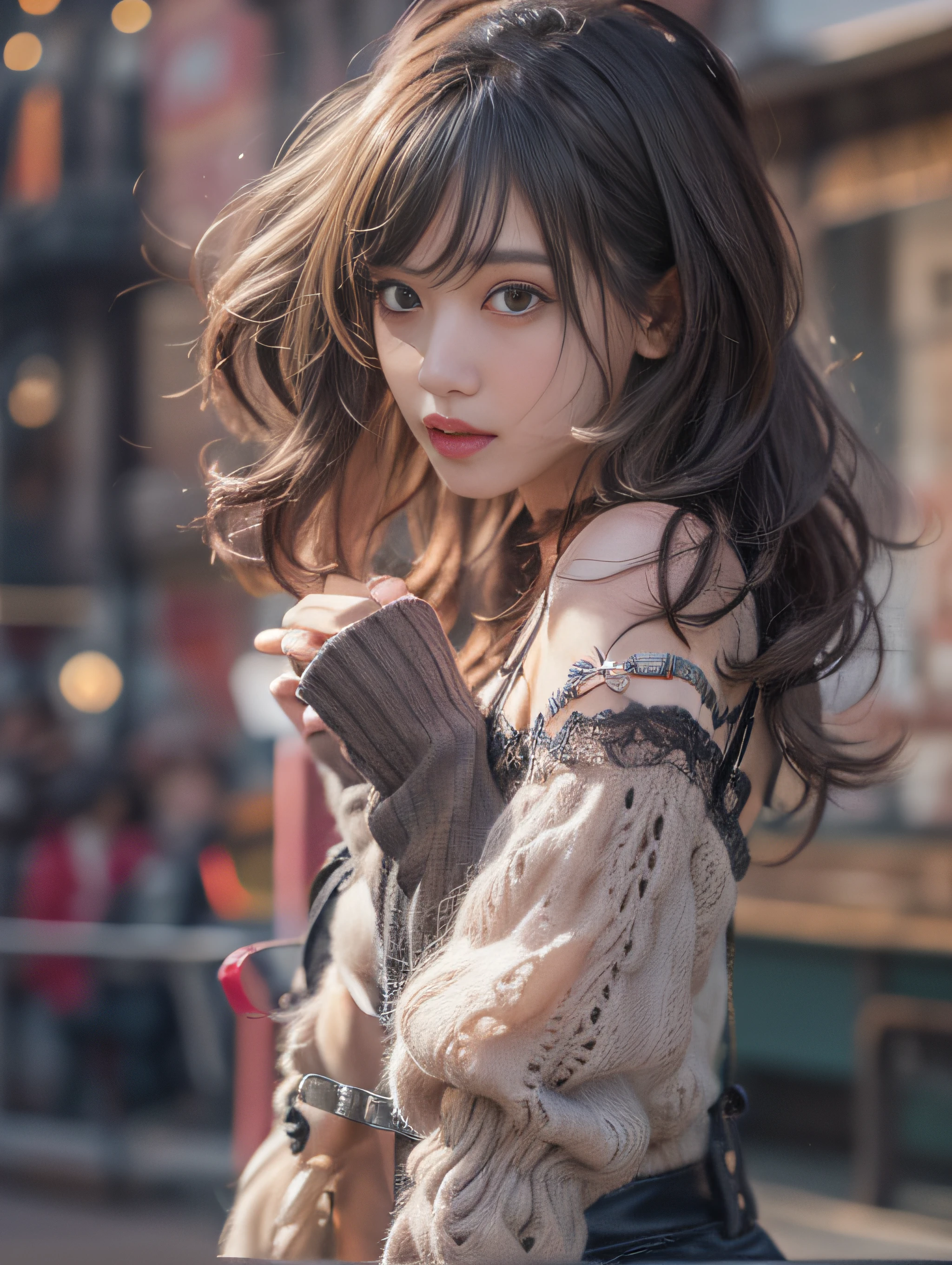 masterpiece、hightquality、soio、beautiful model、beautiful hairl、A detailed eye、Bustier Top、twilight townscape、Powerful hand pose、14mm,SIGMA,f1,8,8K High Resolution、细致背景、Back lighting、Drawing with enhanced hair details、A detailed face、more hair、Detailed nose、Detailed mouth、Detailed body、stares at the camera、Hair details