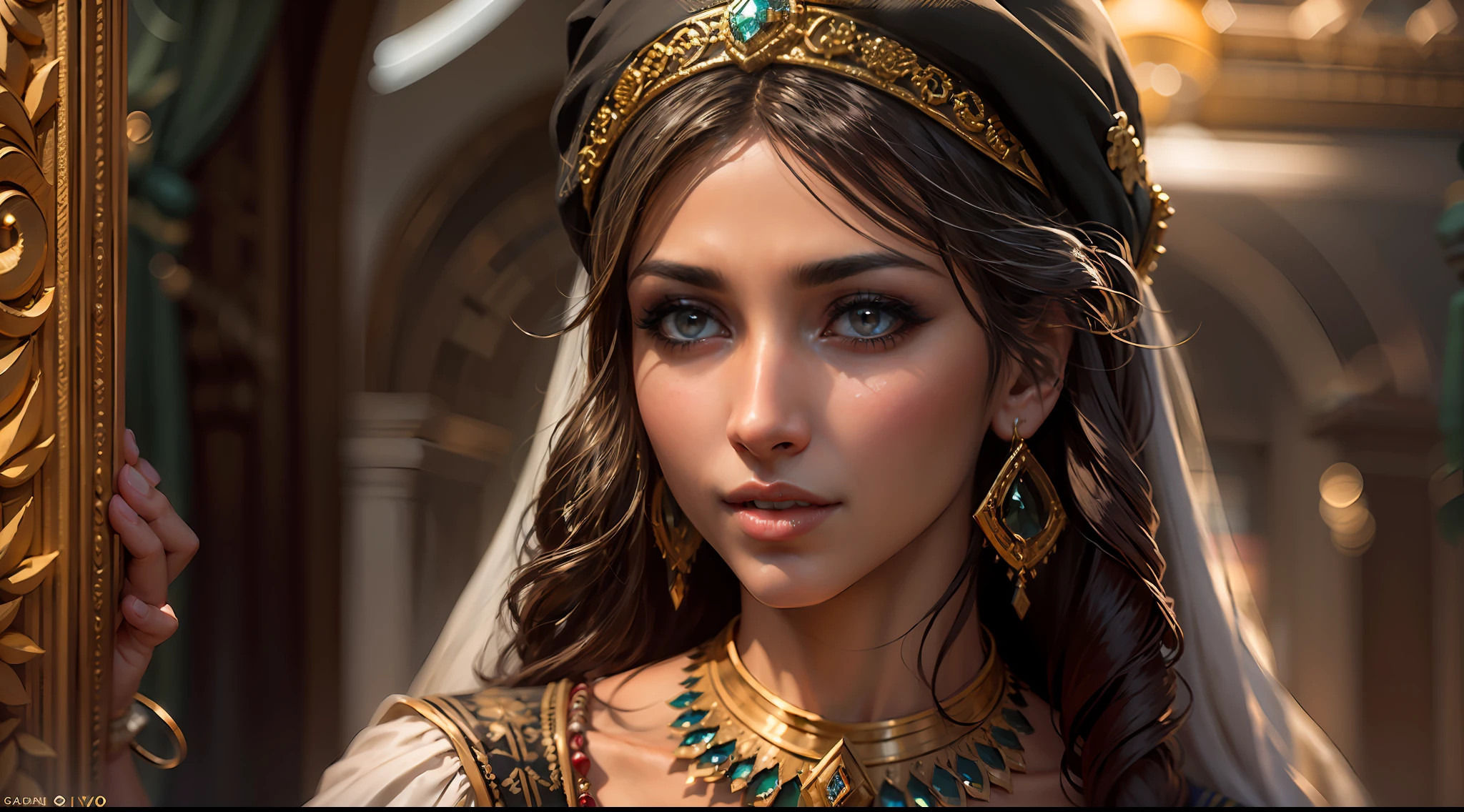 Iraqi girl. Her golden skin reflects the rich history of Mesopotamia. Layla's expressive dark eyes hold the strength and wisdom of Iraqi culture. Her long, flowing hair, adorned with intricate jewelry, symbolizes elegance. A warm smile embodies the Iraqi hospitality and inner beauty, making her truly enchanting.concept art, extremely detailed, ultra hd, hdr, 8k, cinematic, dramatic lighting ray tracing reflections, unreal render --v 4 --ar 3:2