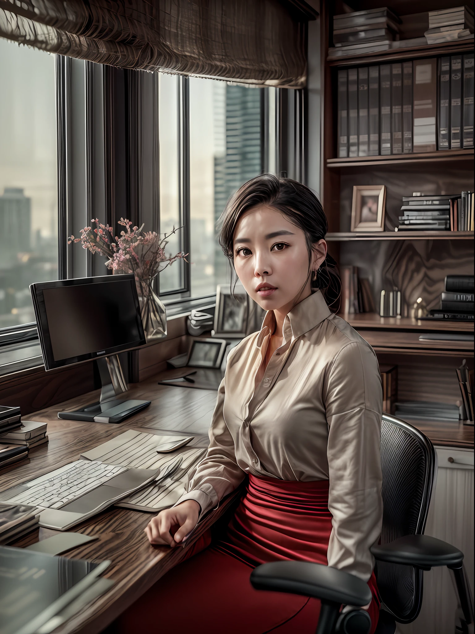 (masterpiece, high resolution:1.3), (photo of a Korean business executive:1.2), (wearing an elegant red outfit:1.2), (Sony Alpha 1 camera, ideal for capturing exceptional detail and realism:1.2), (paired with the Sony FE 24-70mm f/2.8 GM lens for a versatile and sharp portrait:1.2), (the executive exudes confidence and professionalism:1.1), (her posture displaying authority and poise:1.1), (her dark hair impeccably styled:1.1), (her makeup enhancing her natural beauty:1.1), (the office space decorated with a minimalist and sophisticated design:1.1), (clean lines and neutral colors creating a serene ambiance:1.1), (the executive seated comfortably in an ergonomic chair:1.1), (her desk organized and clutter-free:1.1), (a vase of fresh flowers adding a touch of elegance:1.1), (the subtle play of light and shadow enhancing the atmosphere:1.1), (a view of the cityscape through the window, symbolizing progress and ambition:1.1), (the photo capturing the executive's professionalism and dedication to her work:1.1), (the high-resolution image ensuring every detail, from her outfit's fabric to the textures of the furniture, is crystal clear:1.1), (a moment frozen in time, portraying the essence of a successful Korean executive:1.1), (an image that reflects competence, sophistication, and achievement:1.1), Cinematic, Hyper-detailed, insane details, Beautifully color graded, Unreal Engine, DOF, Super-Resolution, Megapixel, Cinematic Lightning, Anti-Aliasing, FKAA, TXAA, RTX, SSAO, Post Processing, Post Production, Tone Mapping, CGI, VFX, SFX, Insanely detailed and intricate, Hyper maximalist, Hyper realistic, Volumetric, Photorealistic, ultra photoreal, ultra-detailed, intricate details, 8K, Super detailed, Full color, Volumetric lightning, HDR, Realistic, Unreal Engine, 16K, Sharp focus, octane render