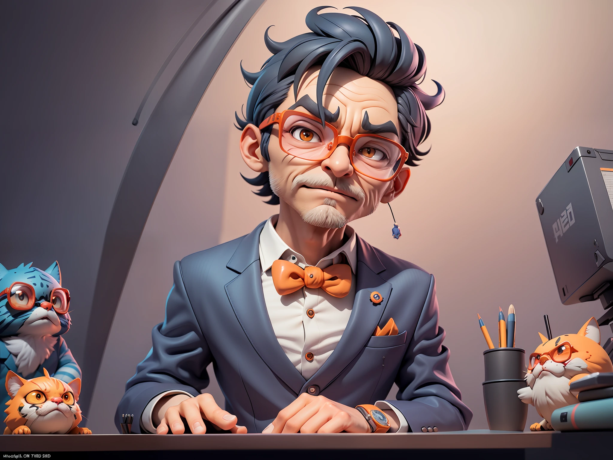A young man in a suit, Short hair and glasses sat at his desk,holding laptop,digitial painting,tigre,3D character design by Mark Clairen and Pixar and Hayao Miyazaki and Akira Toriyama,4K HD illustration,Very detailed facial features and cartoon-style visuals。